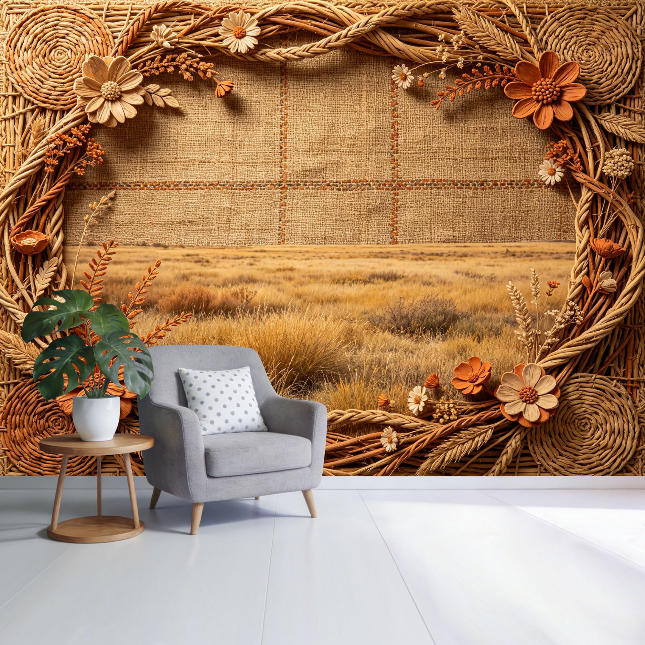 Custom Size Wall Mural Rustic Farmhouse Botanical Floral Woven Rattan Frame Meadow Landscape SelfAdhesive Wall Fabric Removable Wallpaper for Home Office Decor