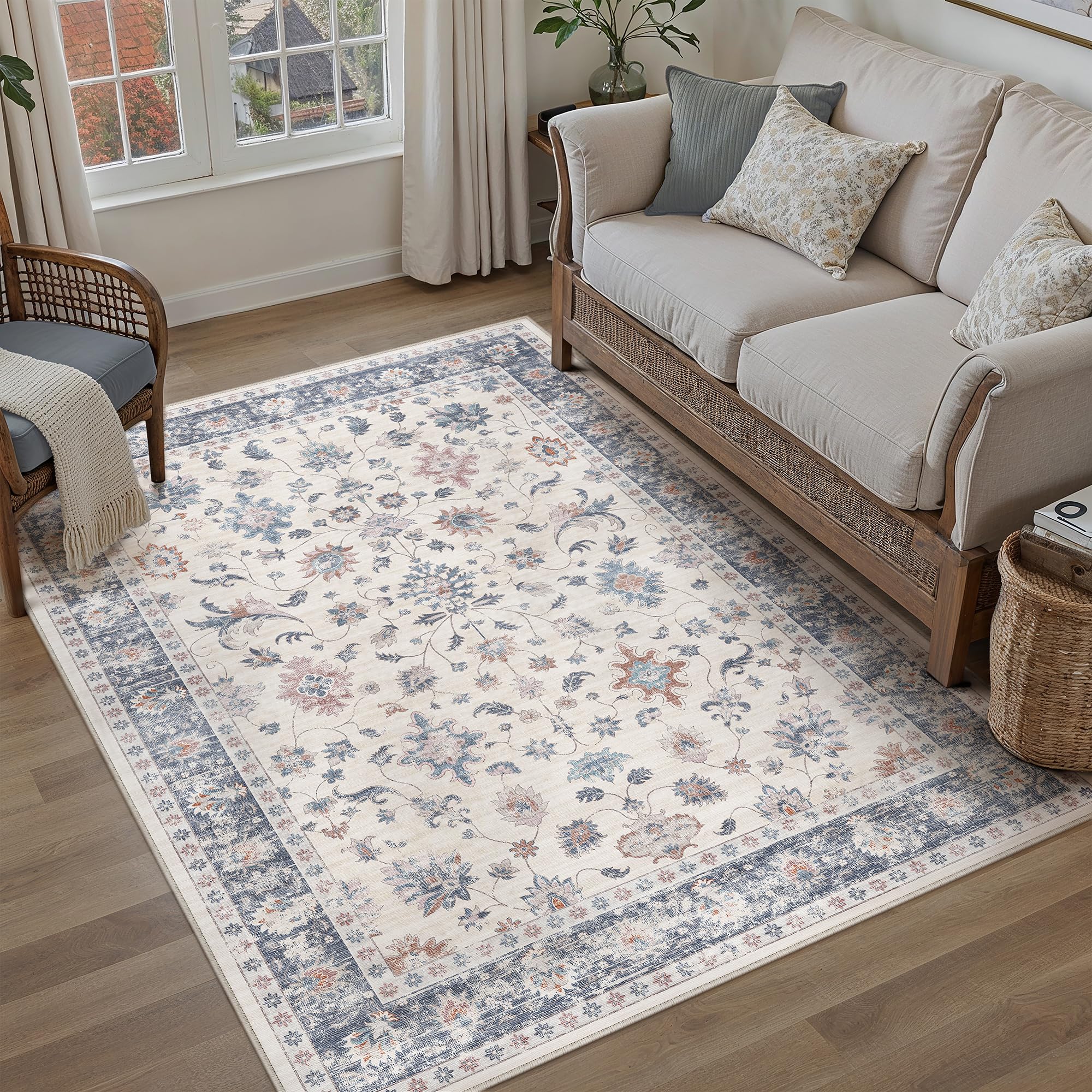 PureCozy Washable Rugs Living Room 120x170cm Vintage Floral Area Rug Non Slip Hall Lounge Bedroom Kitchen Office Dining Room Indoor Low Pile Traditional Boho Carpet, Blue & White — image 1