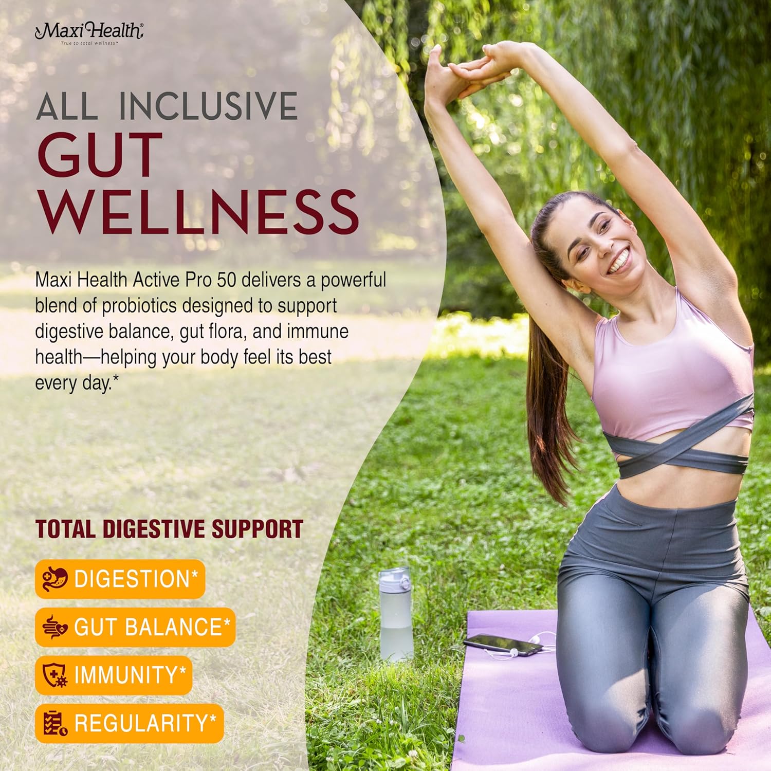 Maxi Health Probiotic Plus Ultimate Prebiotic Advanced Live Probiotics Formula - 50 Billion Live Active Probiotic - 15 Strains - Ultra Protection - Active Pro-50-60 Count