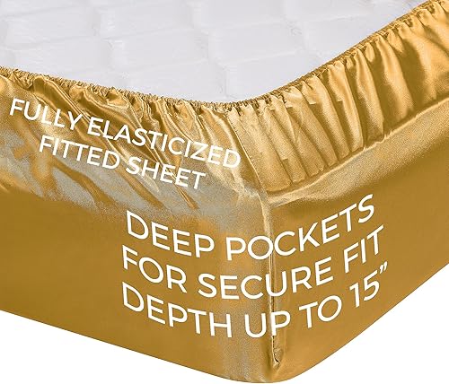 Miniatura 4 de Sábanas de satén King 4 piezas, doradas Juego de sábanas sedosas de lujo para hotel, juego de sábanas de microfibra extra suave de 1800, resistentes