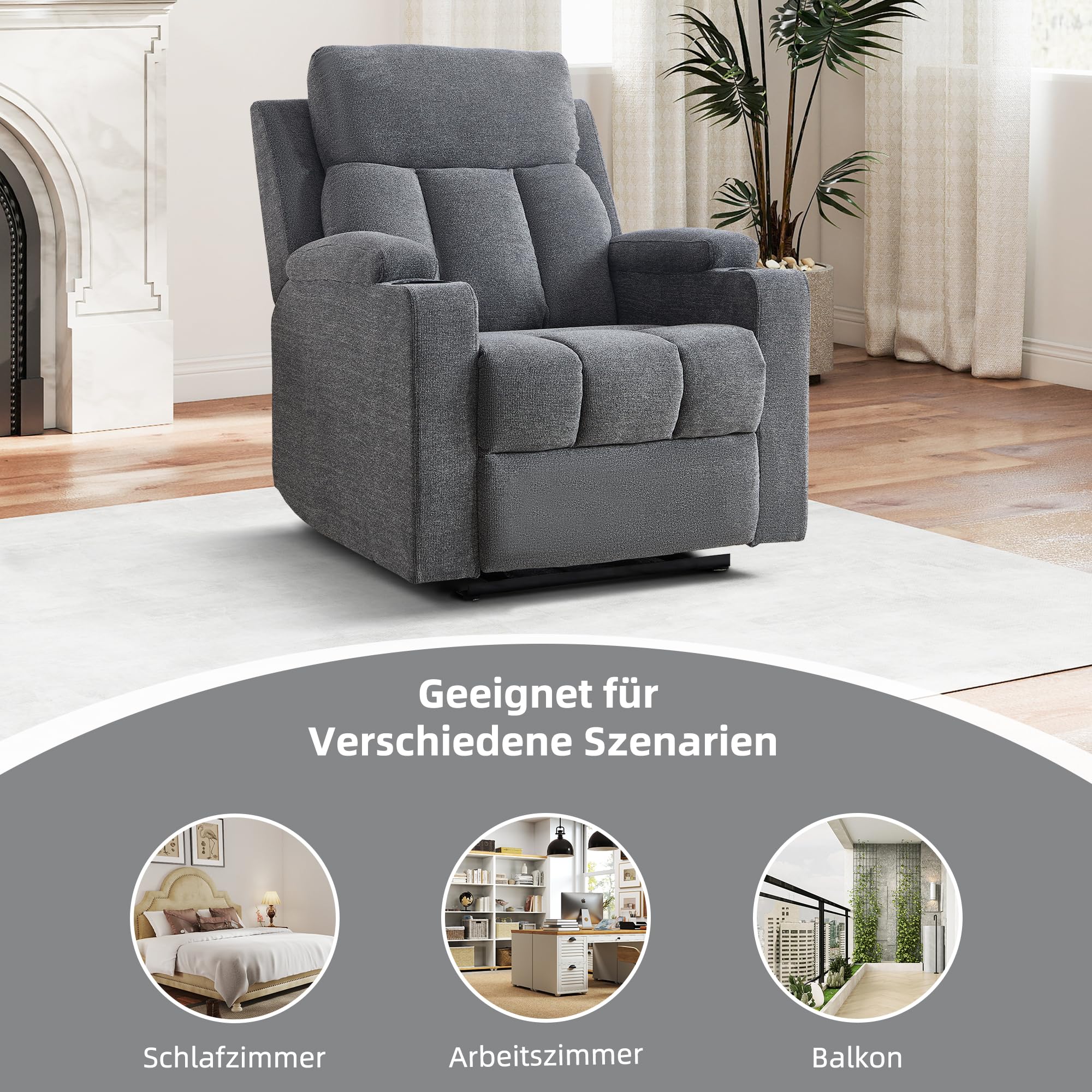 Simore Sillón de Relax Manual con función reclinable y Soporte para Bebidas | sillón de televisión con reposapiés y reposacabezas suave, soporta hasta 150 kg, sillón de TV para salón, color gris