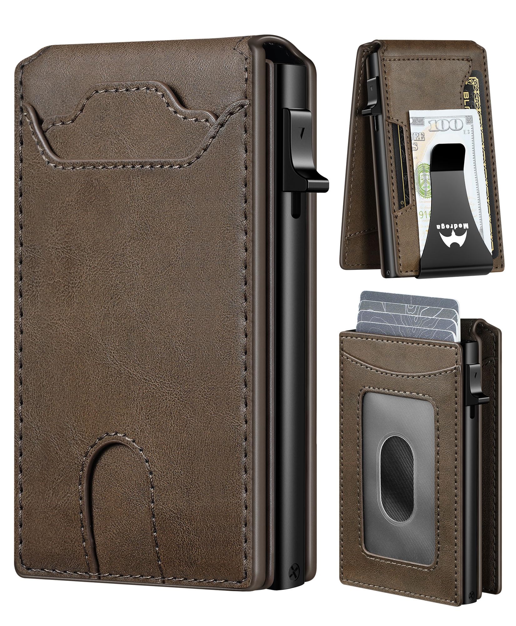 medrega Card Wallet for Men Slim Minimalist: Smart Pop Up Wallets with Money Clip - RFID Front Pocket Credit Card Holder - Gift for Men Husband, Leather Brown S5, Smart Wallet, Minimalist-picture-25
