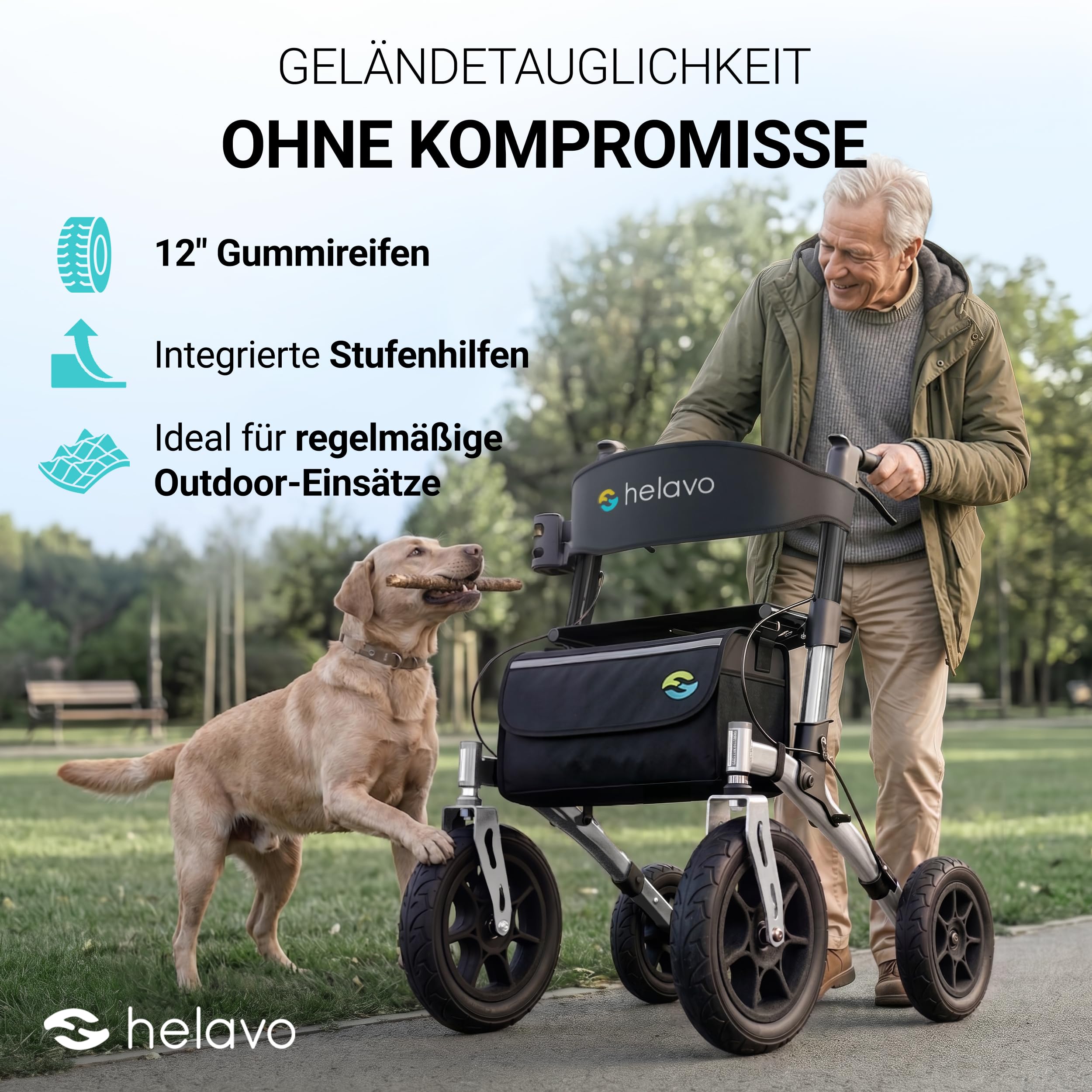 Helavo Rollator mit Pannensicheren Vollgummireifen für Draußen - Faltbarer Aluminium Outdoor-Rollator mit Sitz - Maximale Mobilität & Komfort im Außenbereich | 12" Vollgummibereifung für maximalen Komfort - Faltbarer Aluminium-Rollator für Draußen - Mit S