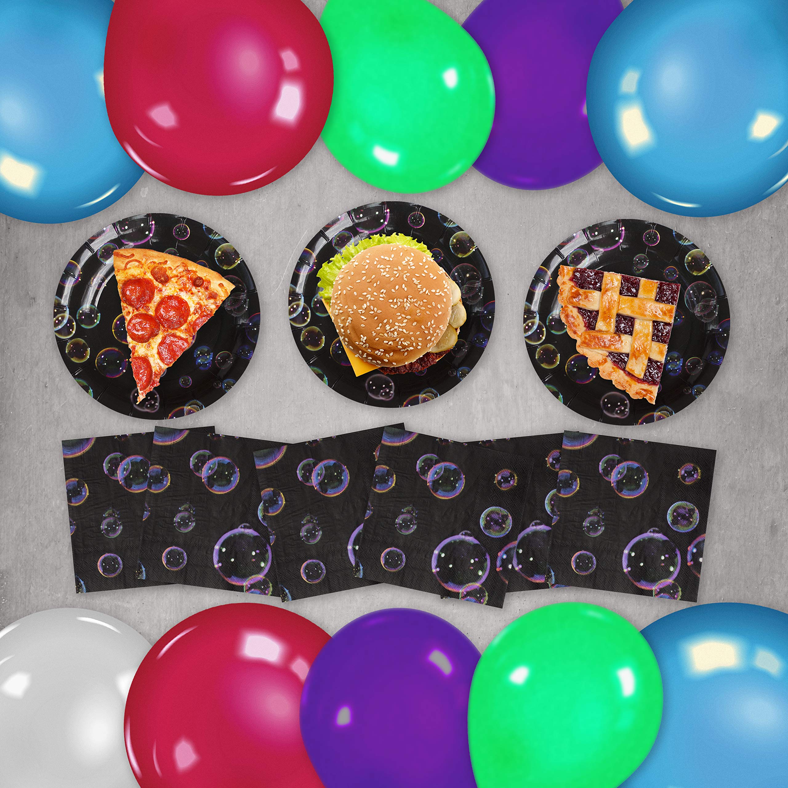 Havercamp Set de fiesta con diseño de neón o burbujas para 16 invitados; incluye 16 platos de fiesta de 17,78 cm y servilletas de almuerzo y una cubierta de plástico resistente.