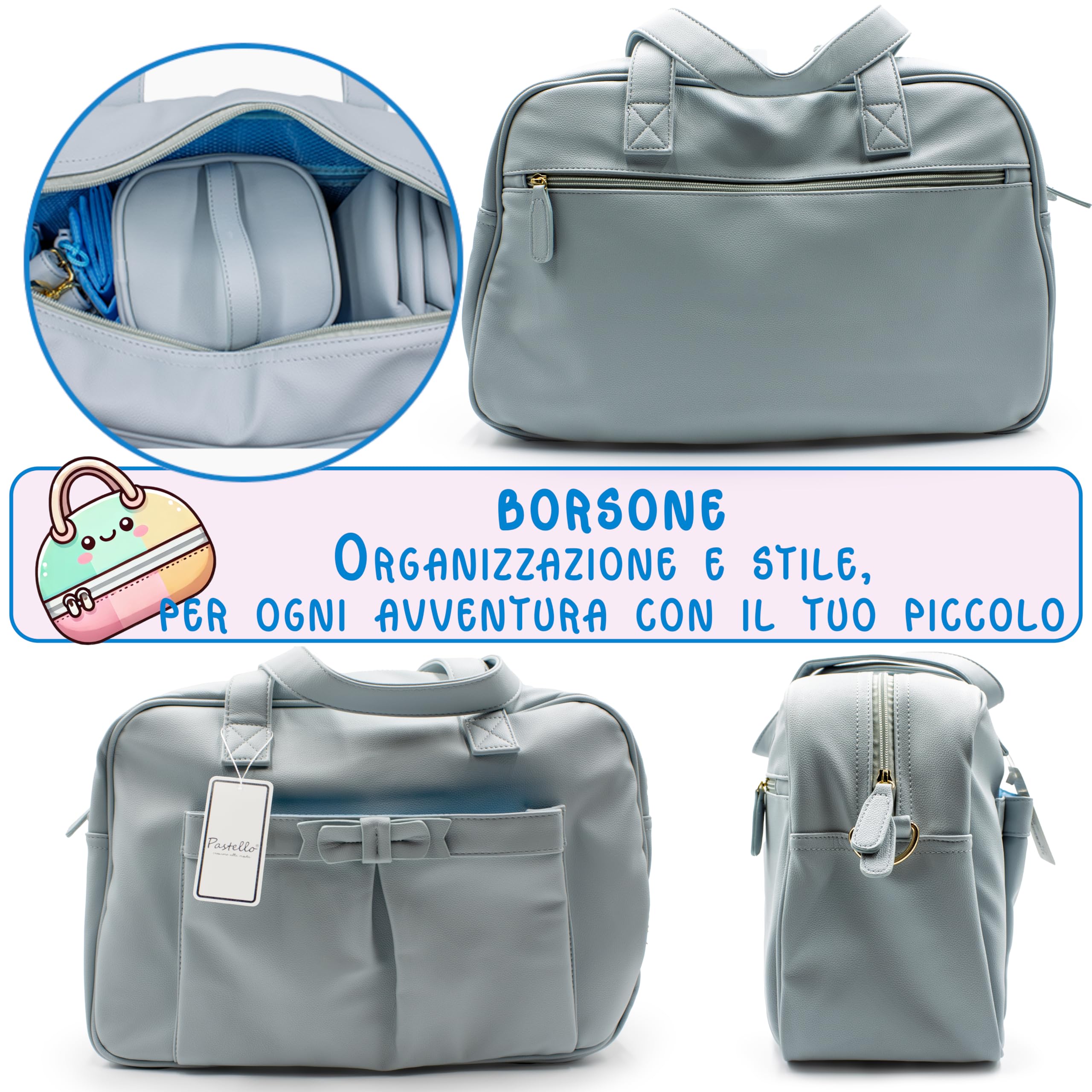 PASTELLO - Set Borsa Nascita Multifunzione con Accessori Inclusi, Borsone Mamma per Cambio e Viaggio, Con Fasciatoio, Portabiberon Termico e Portaciuccio (Art. SETN02)