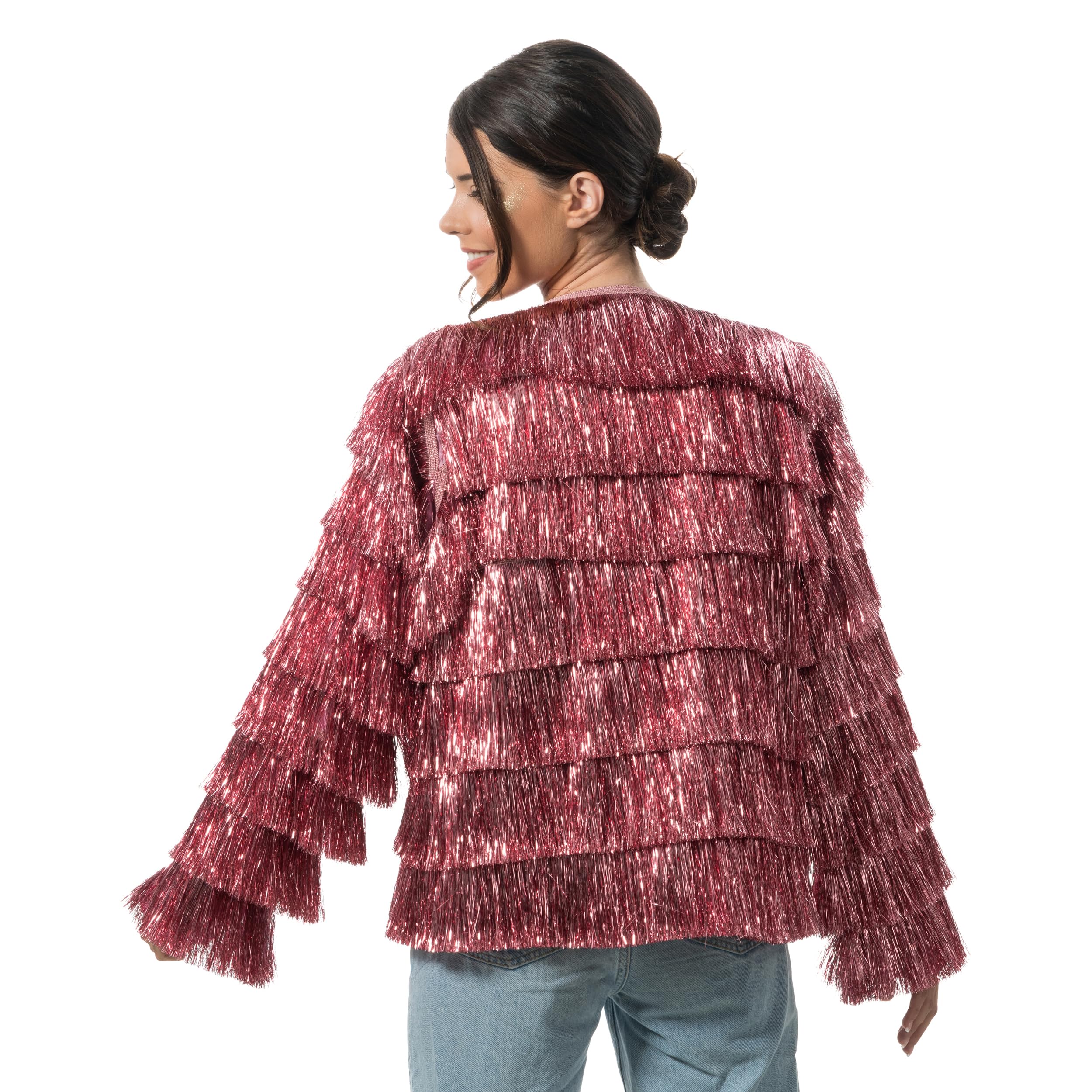 Chaks - Veste pour femme à franges pailletées, veste disco des années 90 | Argent, or ou rose, tenue pour festival, carnaval, soirée et rave, veste à franges pour femme