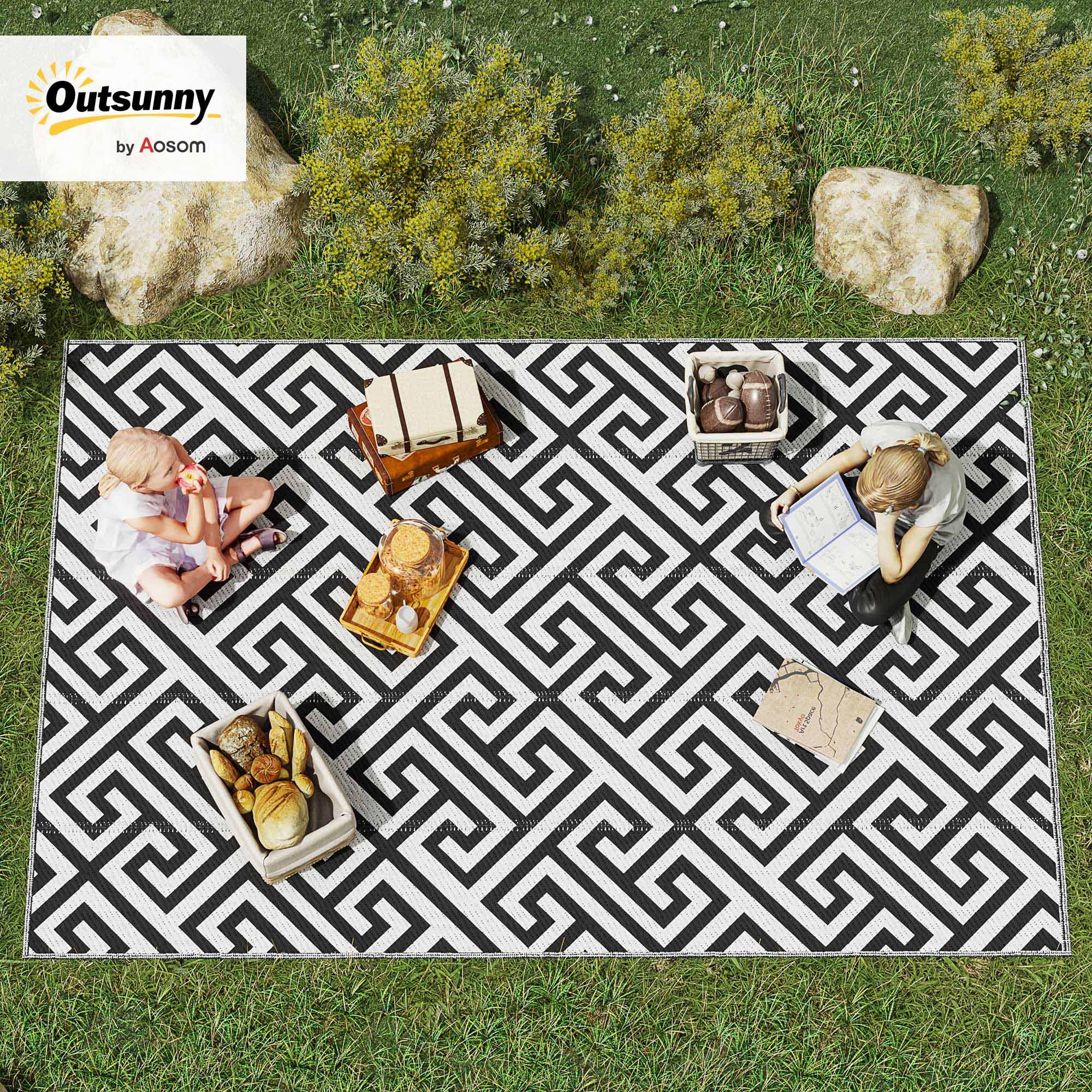 Outsunny Alfombra de Exterior 182x274 cm Alfombra Reversible con Patrón Geométrico Impermeable para Terraza Balcón Patio Camping Playa Blanco y Negro