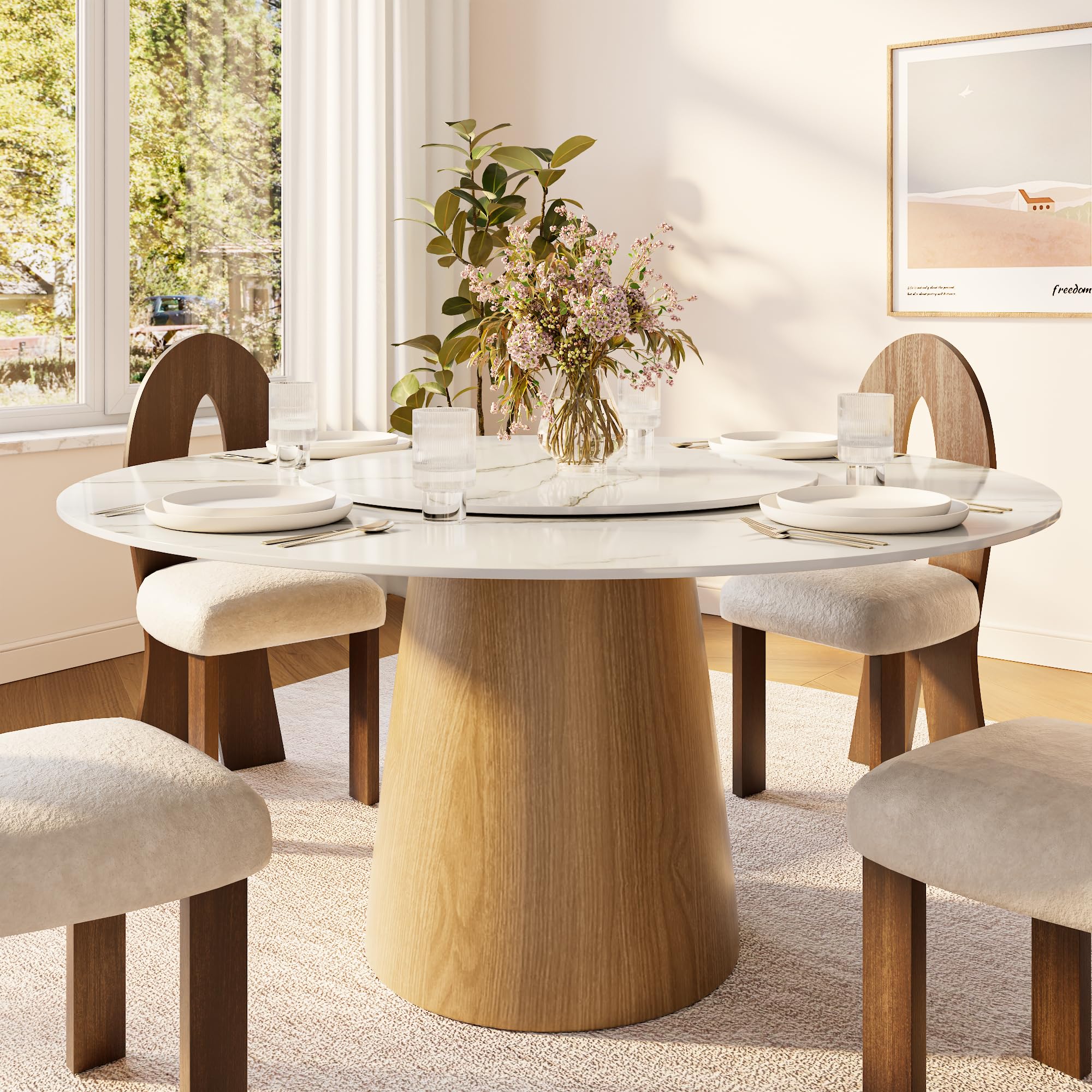 MODUSKYE Sintered Stone Round Dining Table, 59" Dining Table with Lazy Susan for 8 People, Glossy Marble Top Light Brown Solid Wood Base, Breakfast