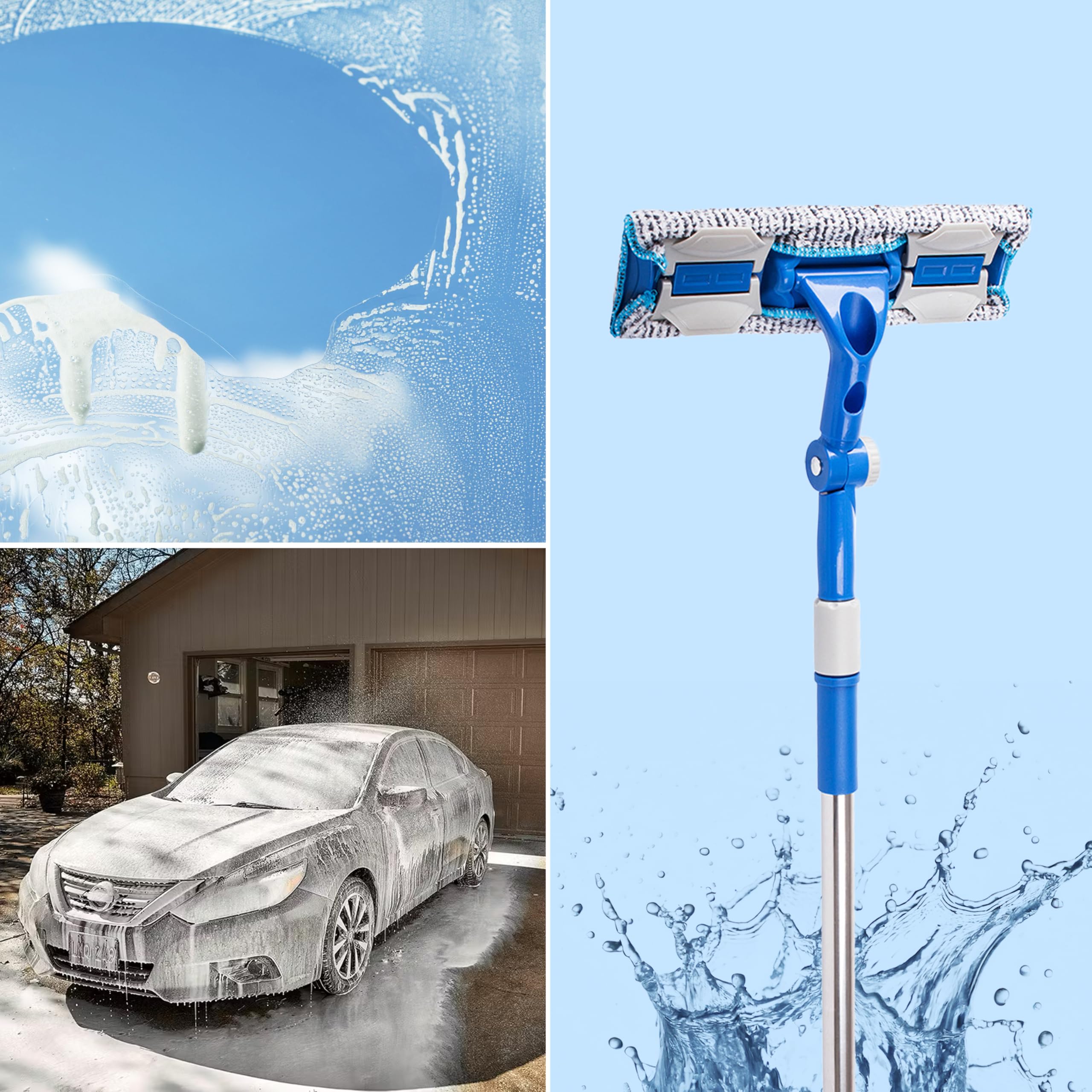 2 w 1 myjka do okien z uchwytem teleskopowym – mikrofibra i gumowa warga do okien, luster, kabin prysznicowych – wysuwany w zakresie 86-133 cm (niebieski)