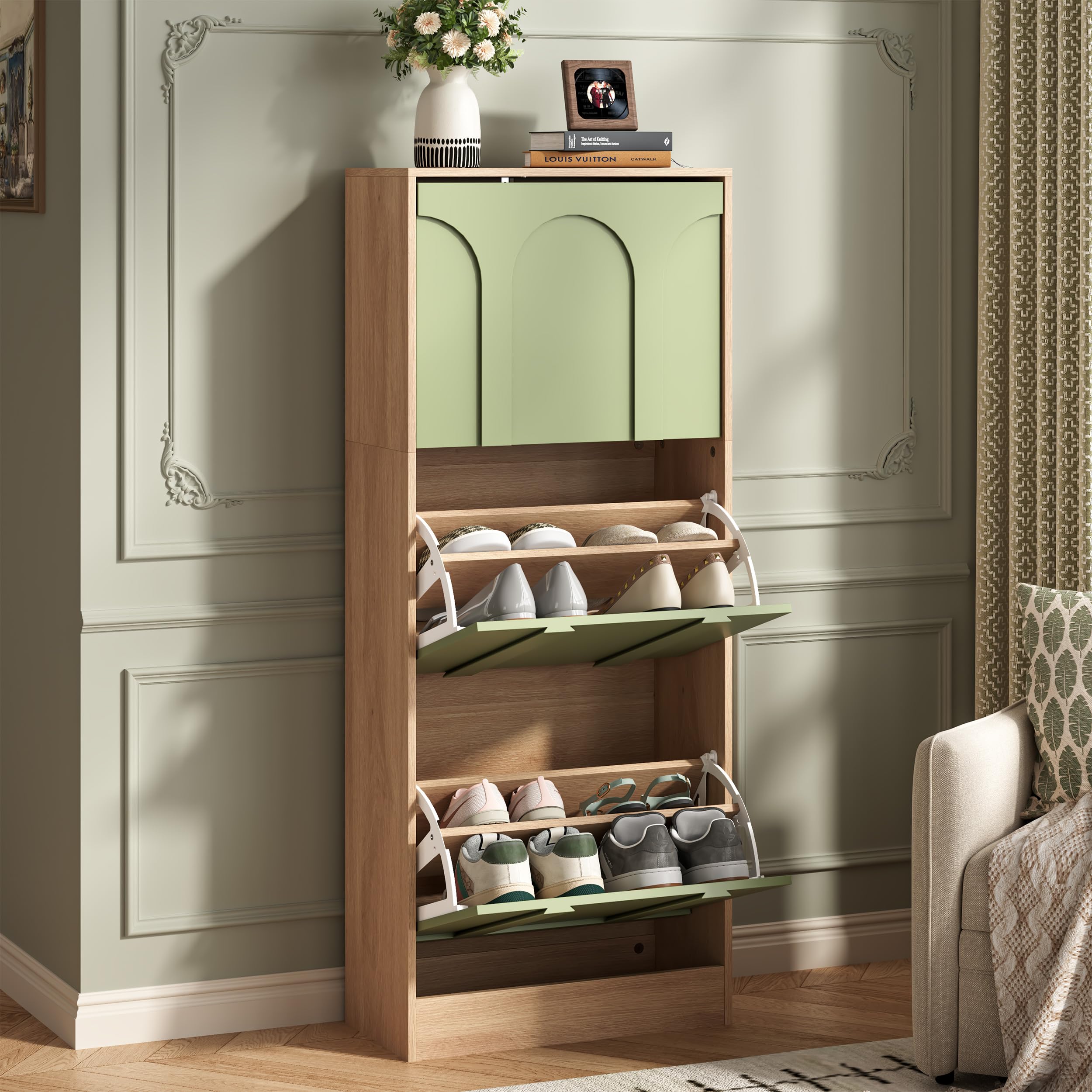 UEV Slim Arch Shoe Cabinet, 3 Flip Drawer Hallway Shoe Storage Unit