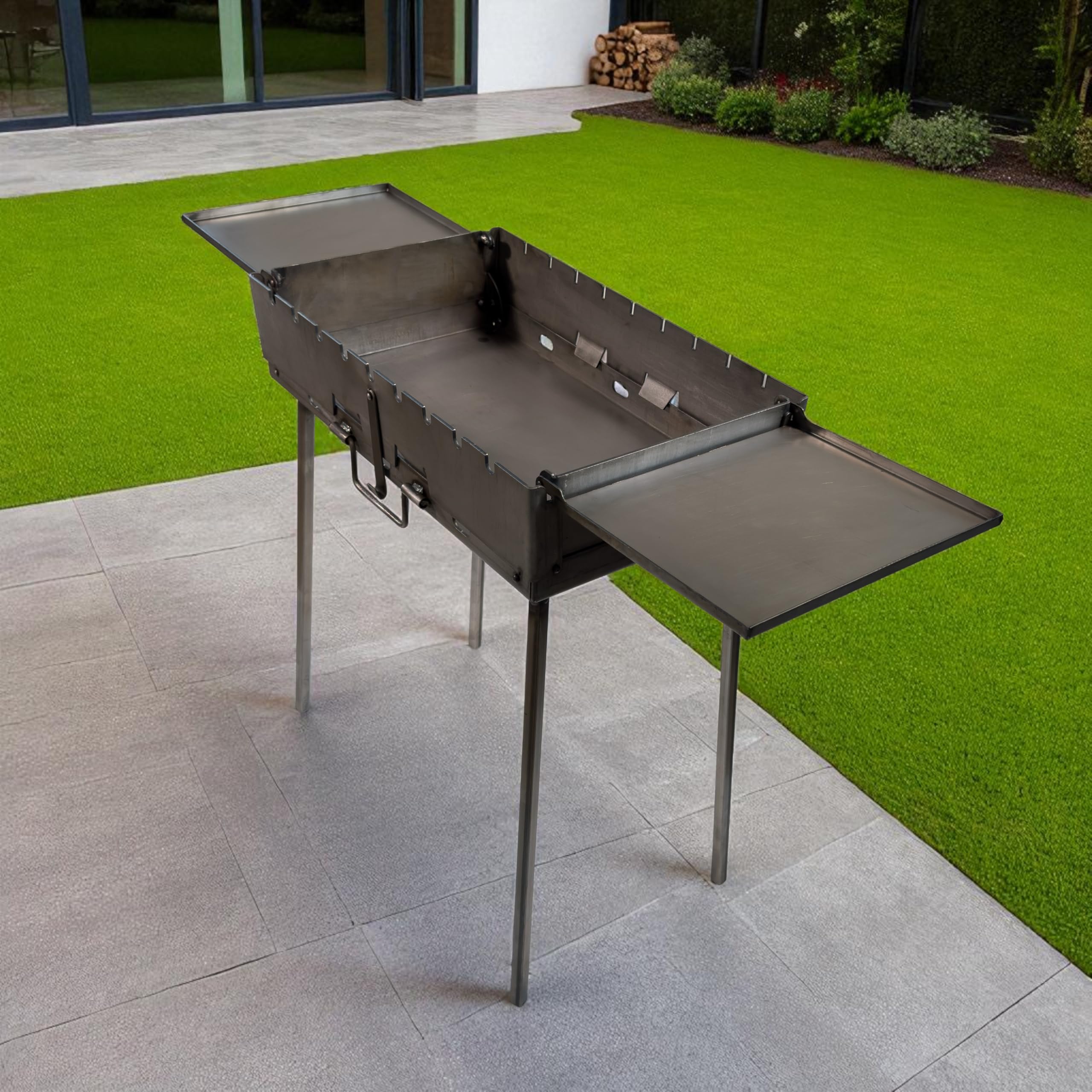 Barbecue portable Transformer avec 2 tables pliantes - Barbecue au charbon de bois pliable pour 9 brochettes - En acier de 3 mm - Pliable comme valise avec poignée - Idéal pour le jardin, le