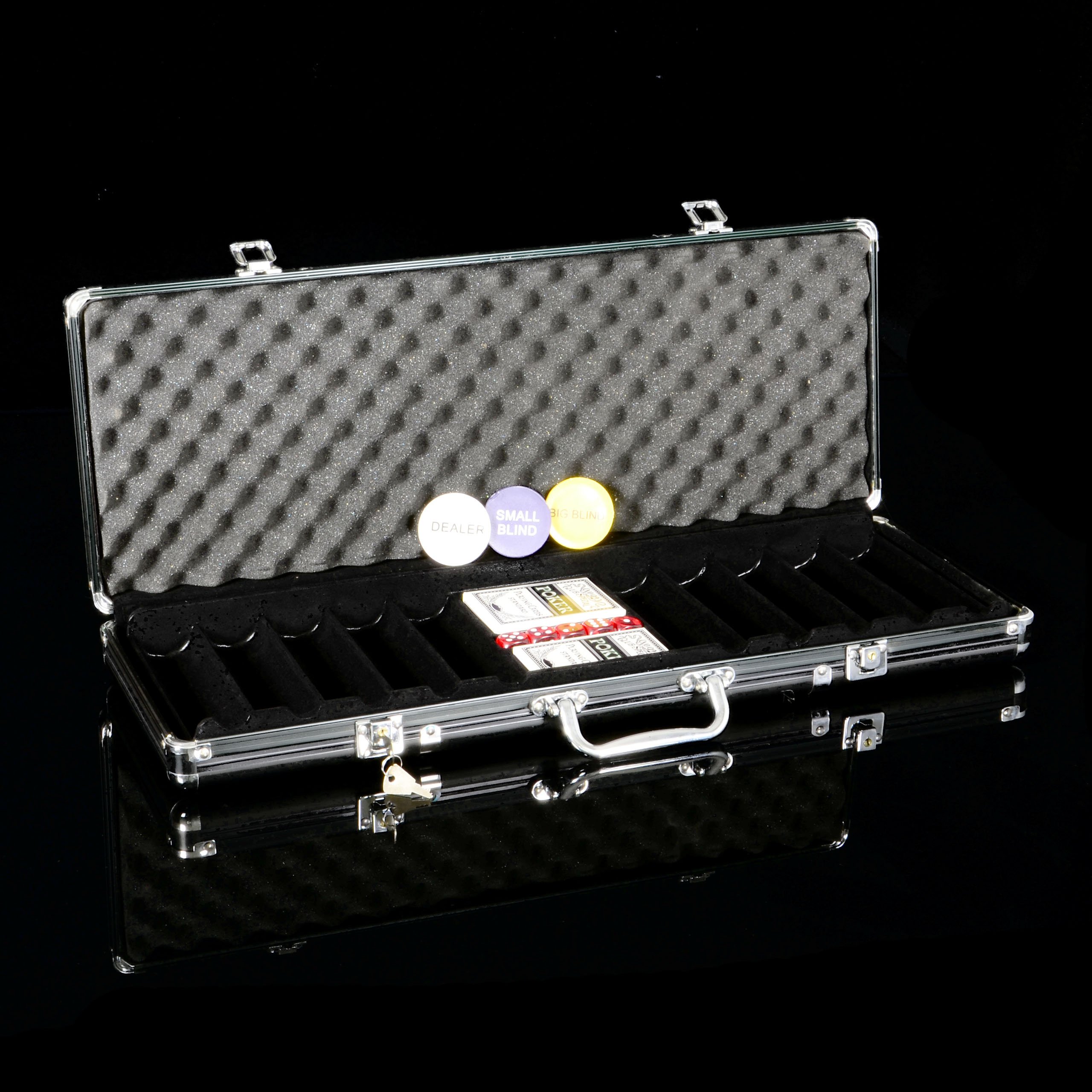Nexos Trading Pokerkoffer Schwarz LEER für bis zu 500 Poker Chips inkl. Poker Zubehör mit 2 Set Pokerkarten Würfel Dealer Button Blinds Deutscher Anleitung