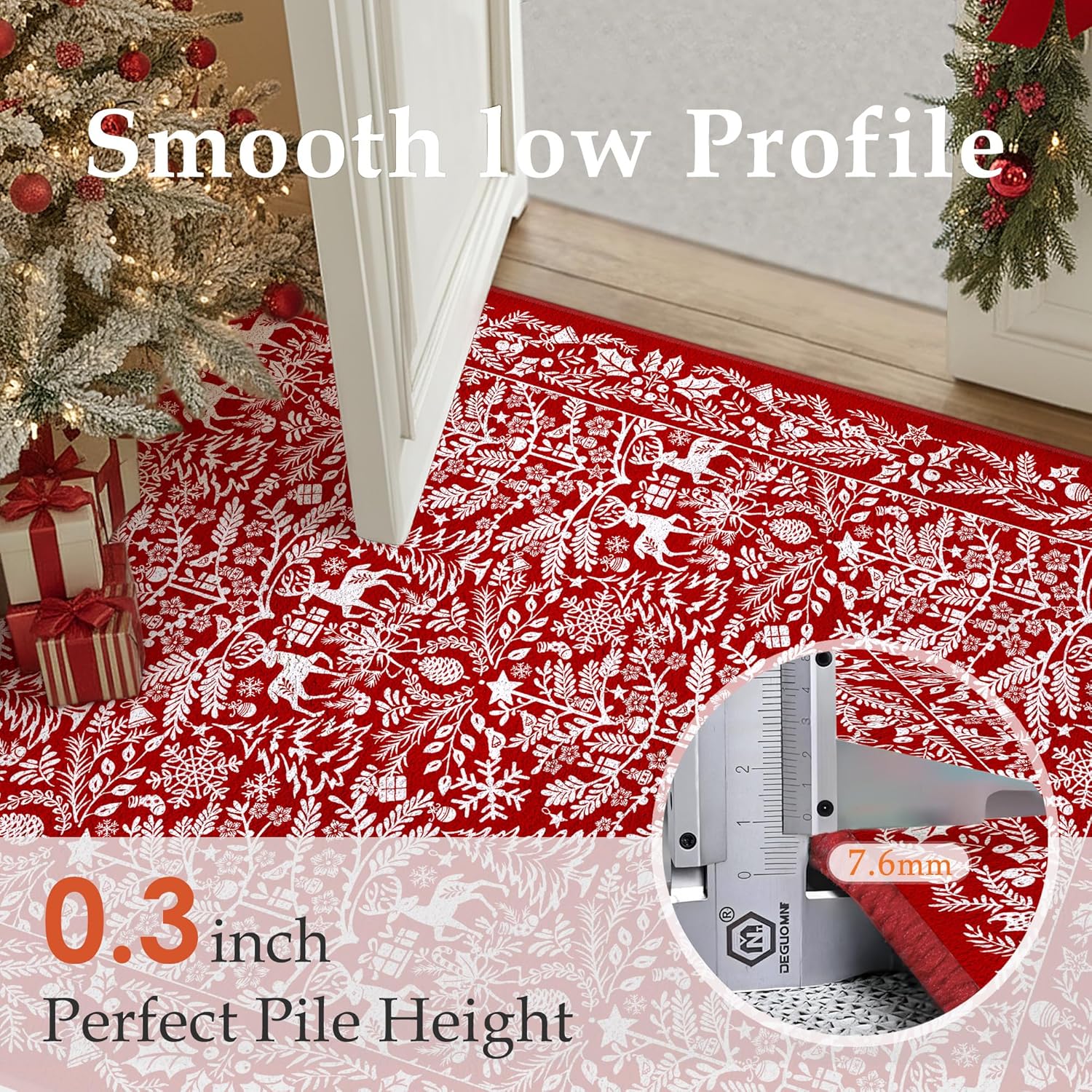 PureCozy Christmas Area Rug 6x9 Machine Washable Xmas Snowflake Holiday Decor Living Room Rugs Low Pile Carpet Indoor Doormat Red Non-Slip Christmas Deer Carpet for Bedroom Kitchen Dining Bathroom