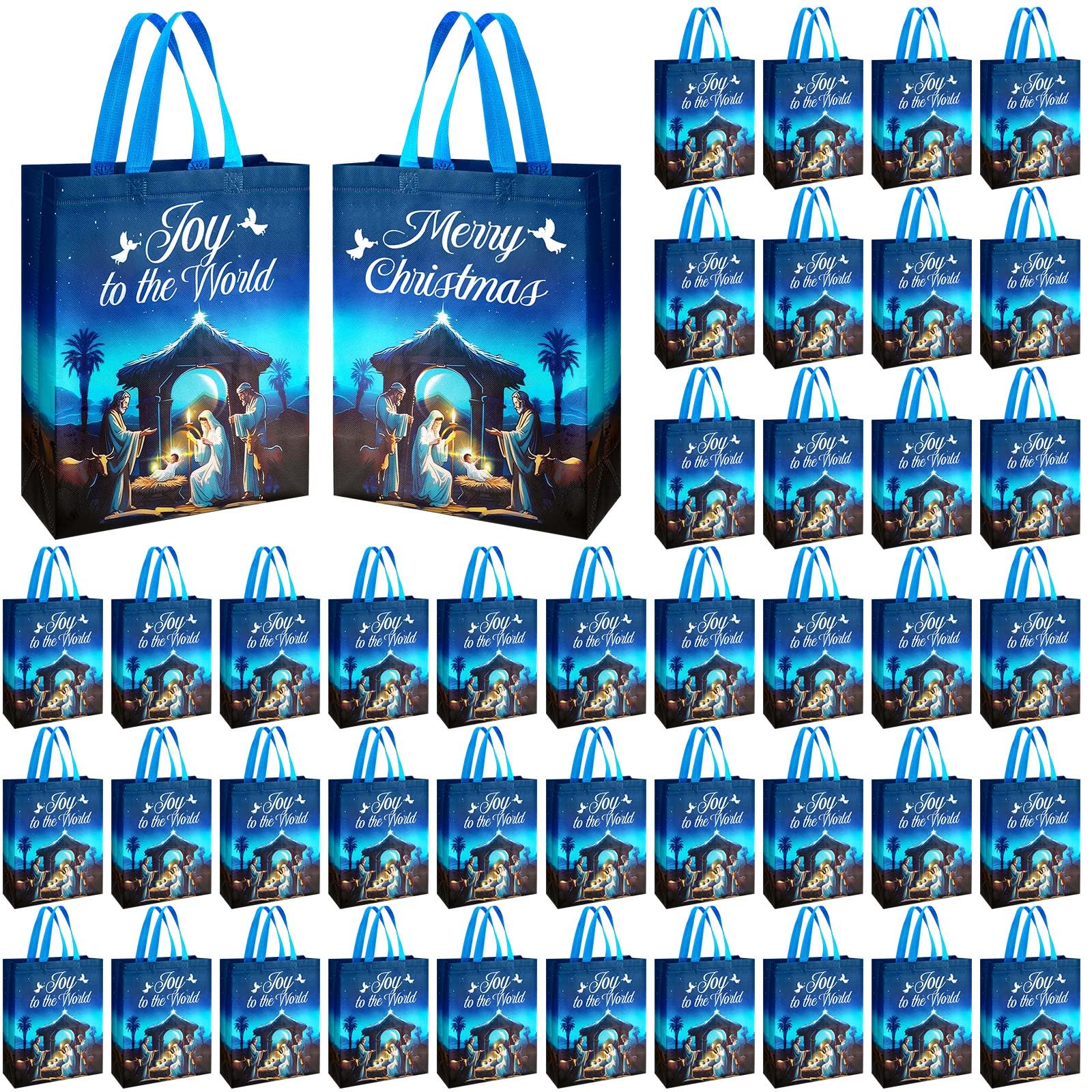 Paterr 50 Pcs Christmas Nativity Gift Bags Bulk Joy to the World Merry Christmas Non Woven Holy Night Christmas Candy Gift Bags Christian Religious Nativity Party Favor Bags for Jesus Holiday Gifts
