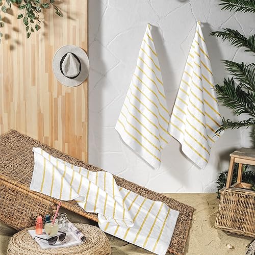Miniatura 8 de Paquete de 3 toallas de playa a rayas amarillas, grandes, de gran tamaño, 100% algodón, toalla de playa turca, calidad de hotel, lujosa, 460 GSM,