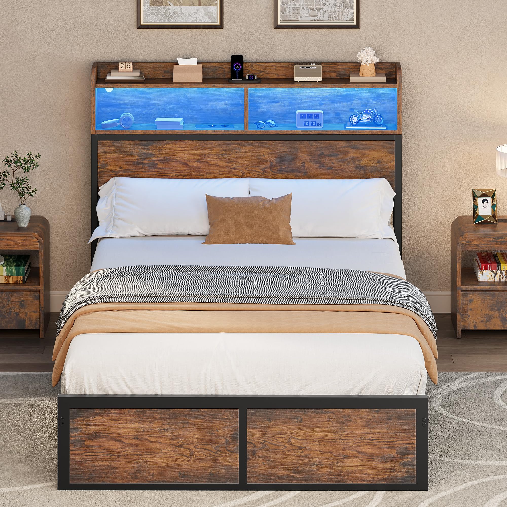 YITAHOME Telaio letto a LED con testiera, porte USB e uscite di ricarica, struttura in metallo con 2 ripiani, non richiesto materasso, marrone, 200 x 120 cm