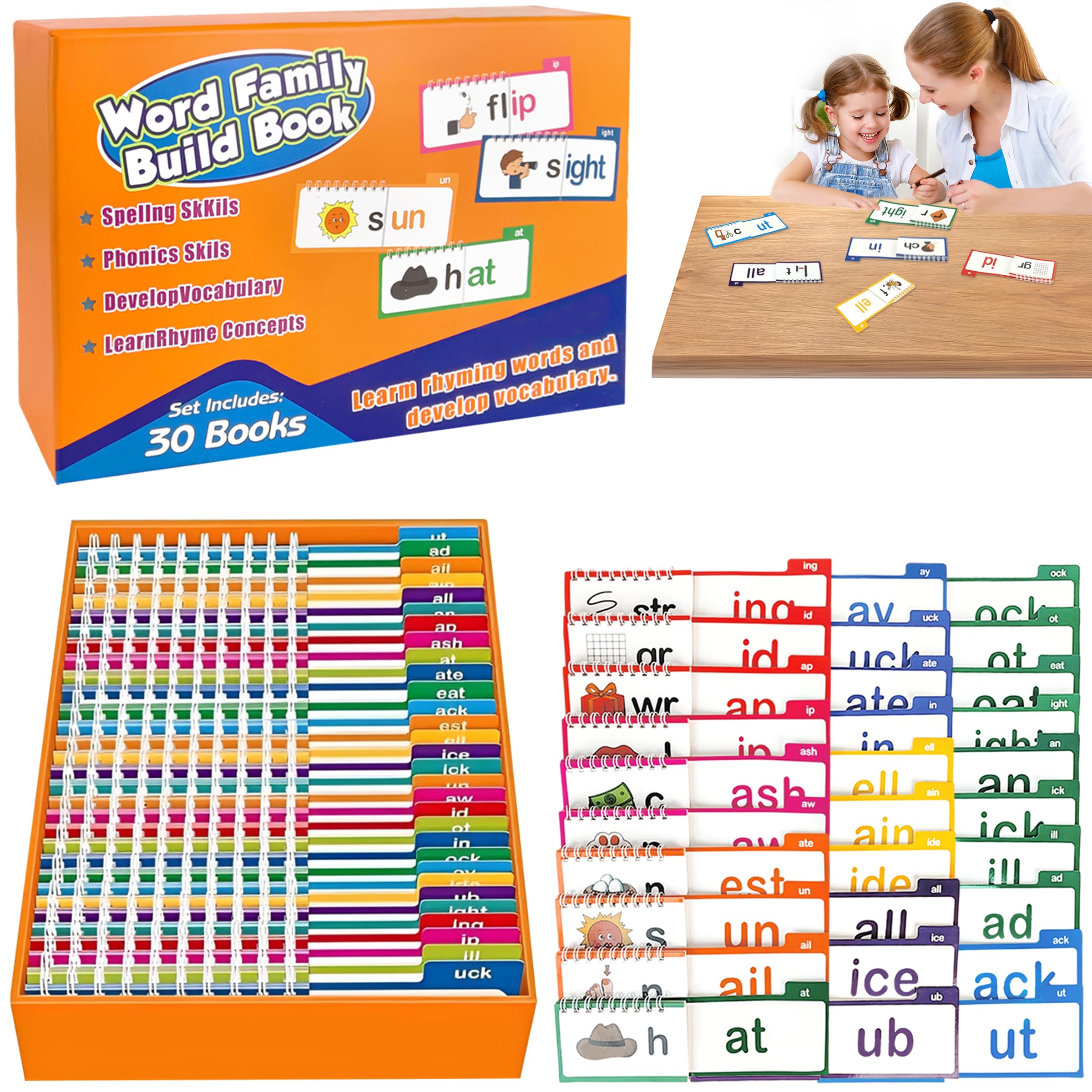 30 PCS Read and Rhyme Flip Books Word Family Build Kit, ABC Phonics Flash Cards, Interactive Reading Games for Kids  Fun Educational Learning Set