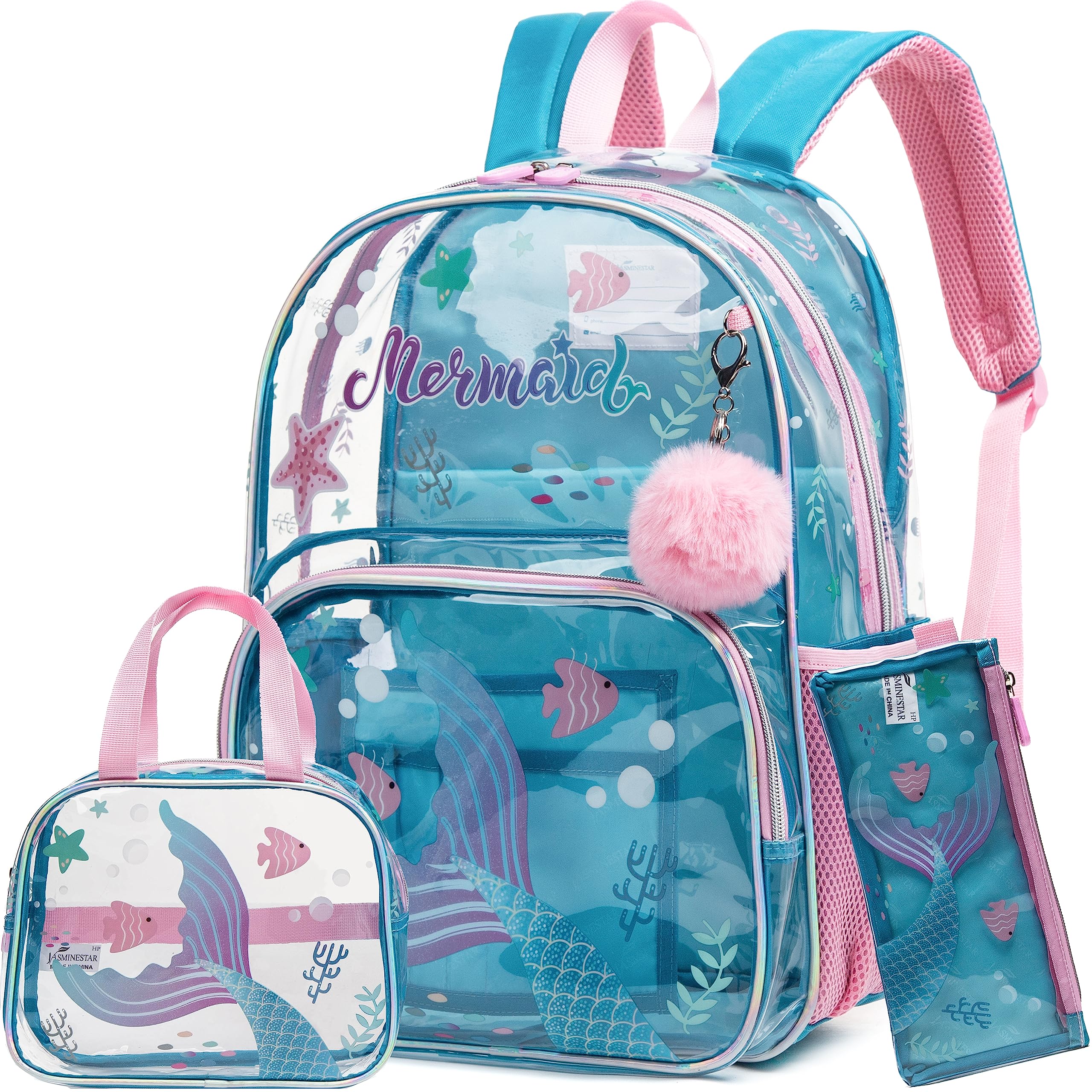 Meetbelify Mermaid Backpack for Girls Backpack with Lunch Box Set for Elementary Kindergarten Student Kids Clear School Bag for Girls