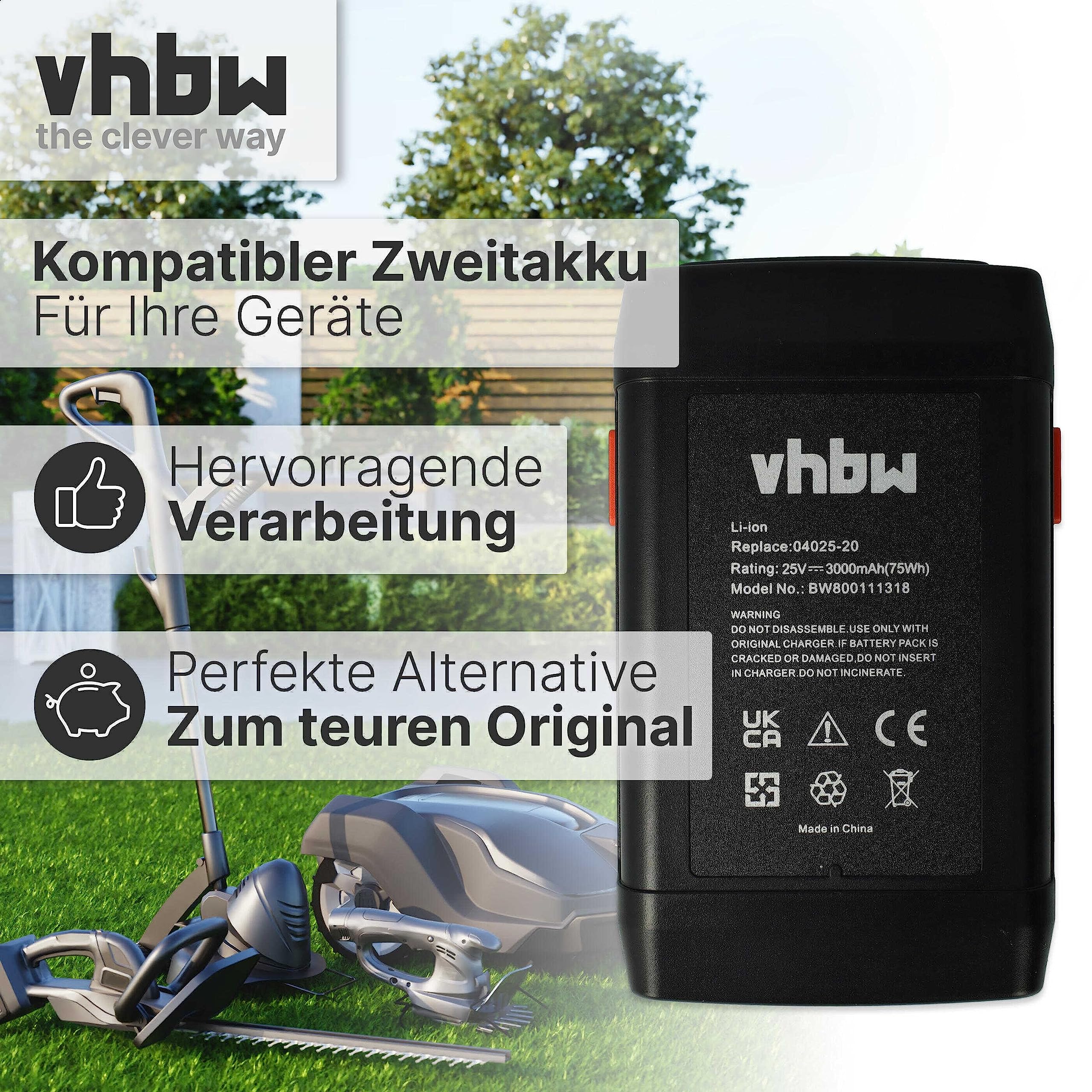 vhbw Batería reemplaza Gardena 8838, 8838-U, 8838U, 04025-20, 8838-20, 4025 para cortacésped 3000mAh 25V Li-Ion