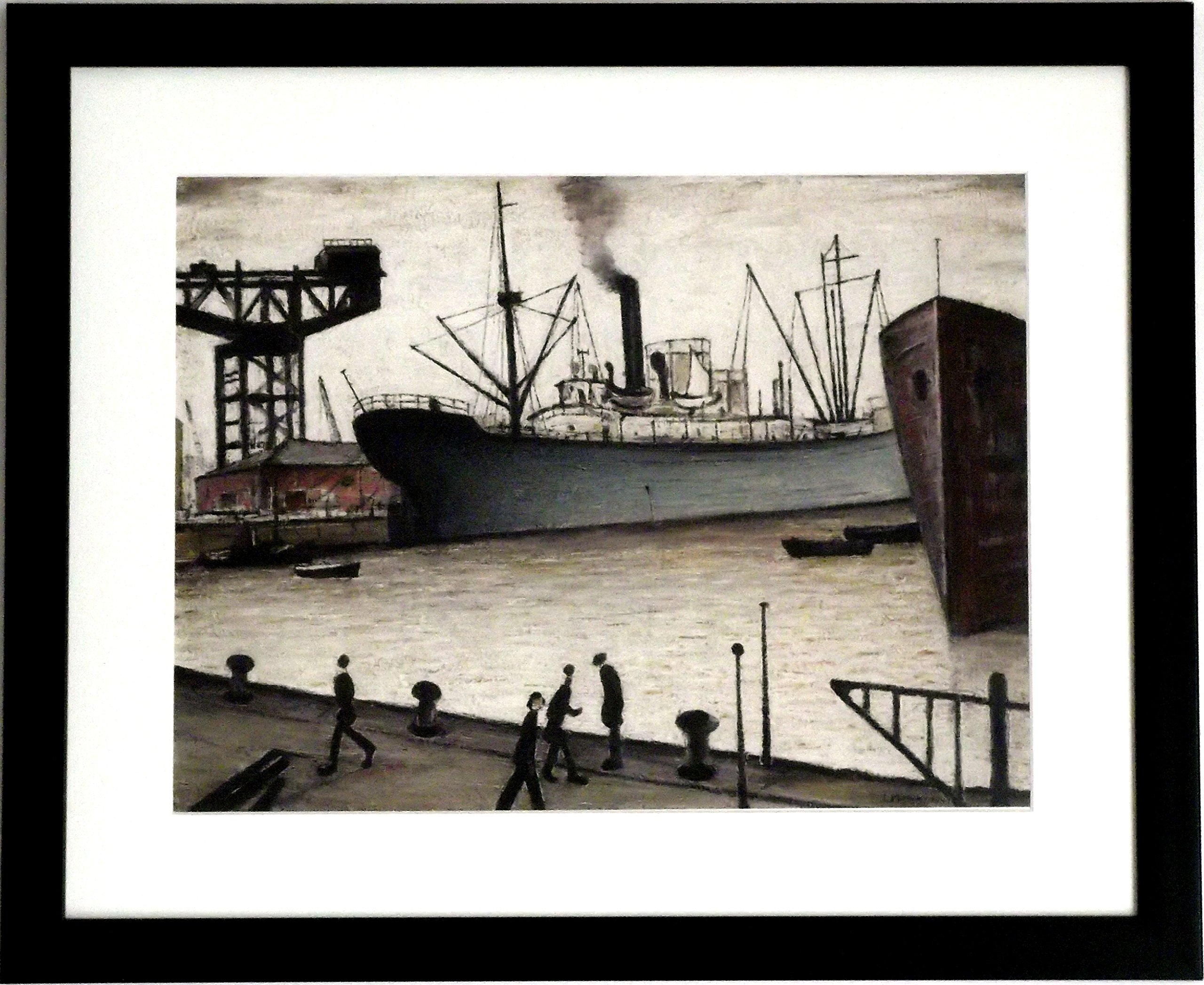 Stateoftheart-Uk Black Frame With Soft White Mount And Large Image Srareoftheart-Uk Authentic Uk Handcrafted L S Lowry Prints - Queens Dock Glasgow - 21 X 17Inch Frame With Mount And A4 Image