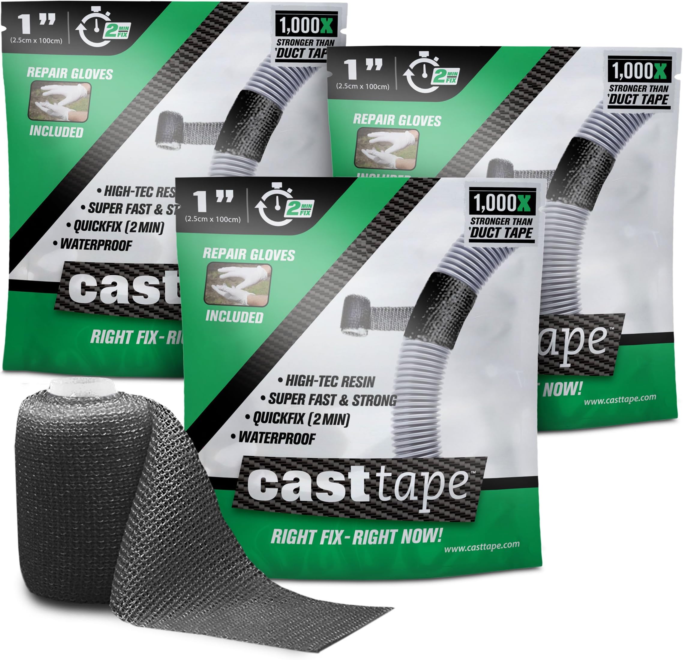 CASTtape - Super Epoxy Carbon Fiber Tape - 100x Strength of Duct Tape - Fix & Repair: Automotive, Plumbing, Pipe & Hose, Emergency, DIY - 3 Roll ProPack, 1" x 40" Rolls