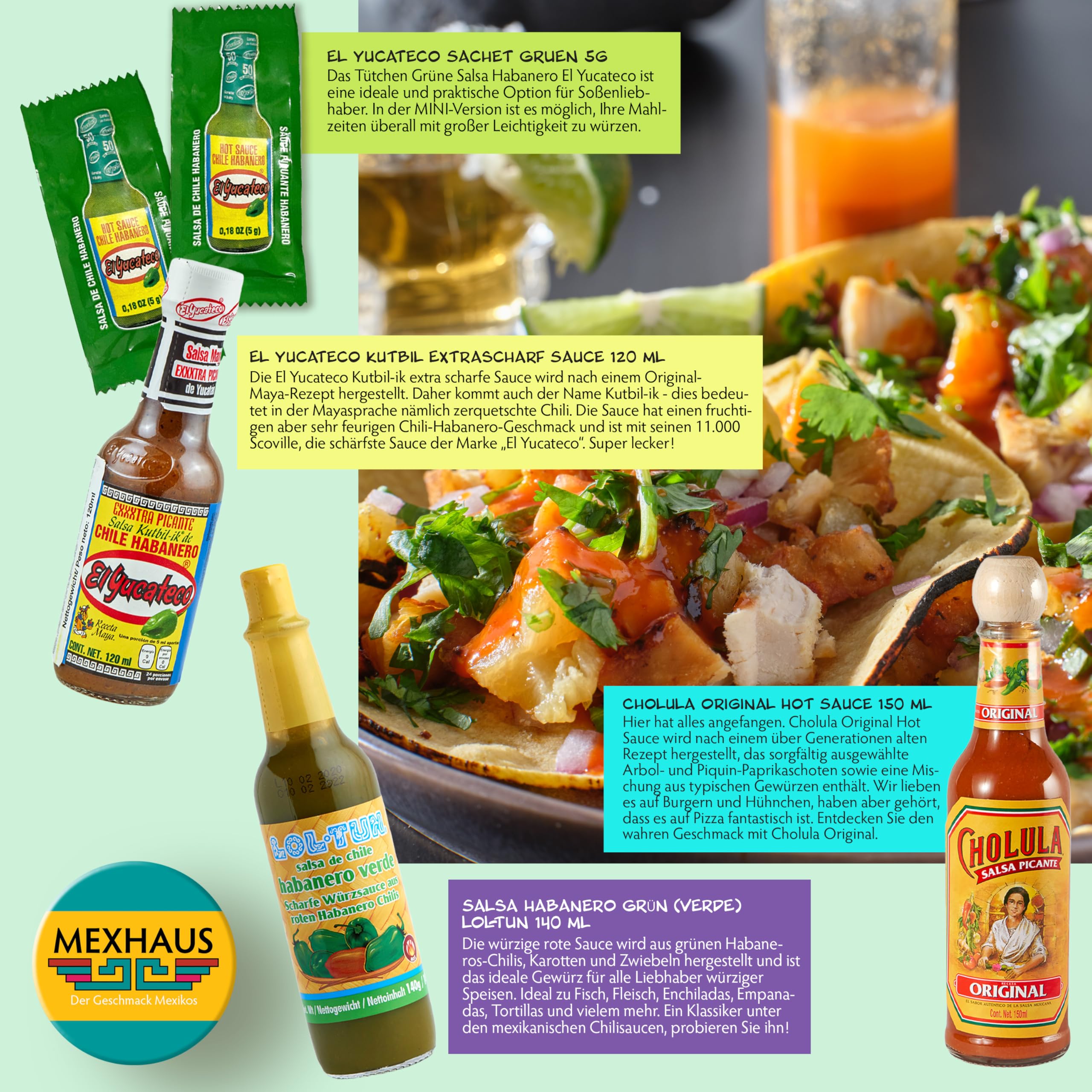 Tajín El Tapatio Valentina El Yucateco Cholula Lol-Tun Scharfe Soßen Set 7 Sorten Mexiko
