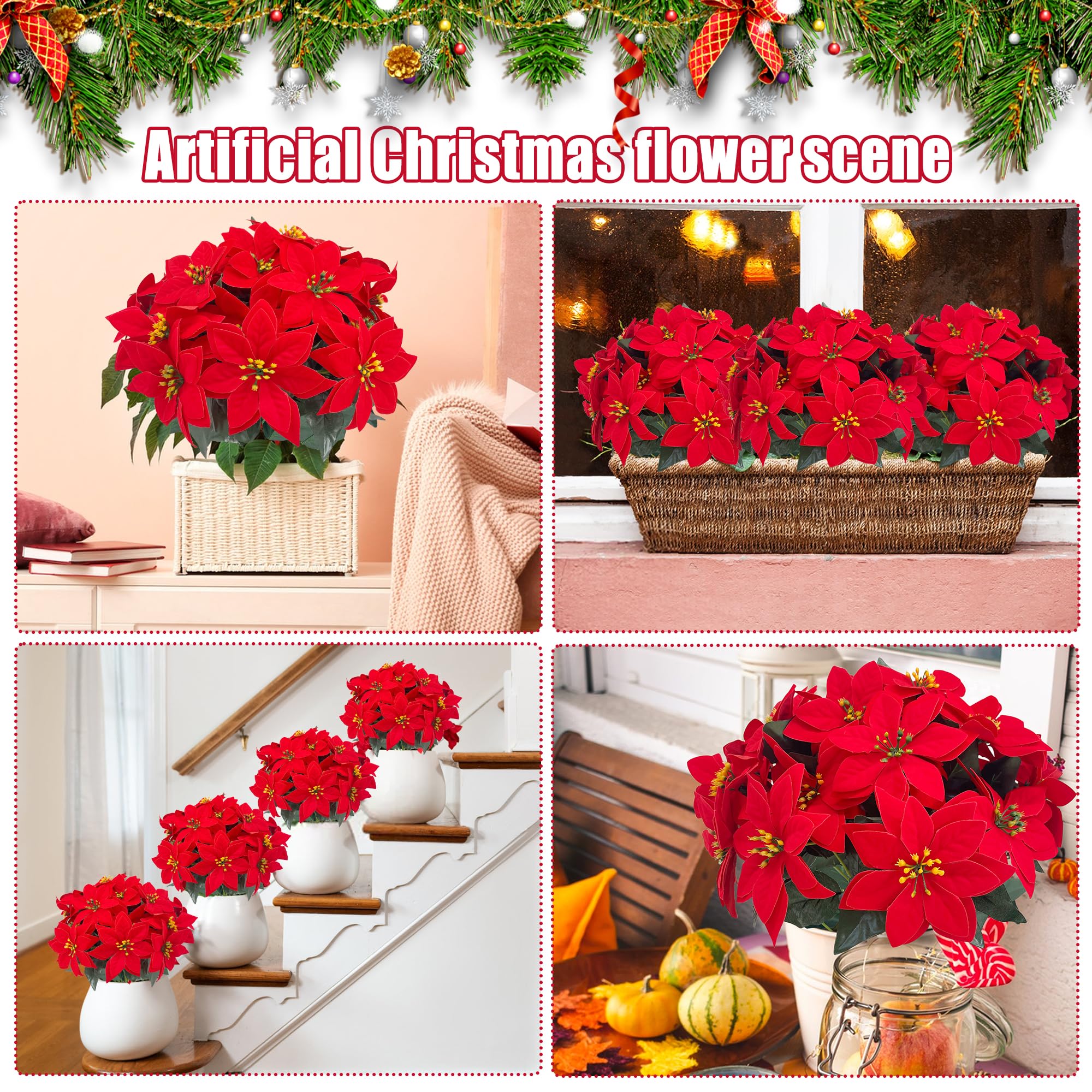Künstliche Weihnachtssterne Mit Metallvase – 6 Sets In Rot, Grün & Weiß, Inkl. Tannennadeln & Beeren, Für Tischdekoration