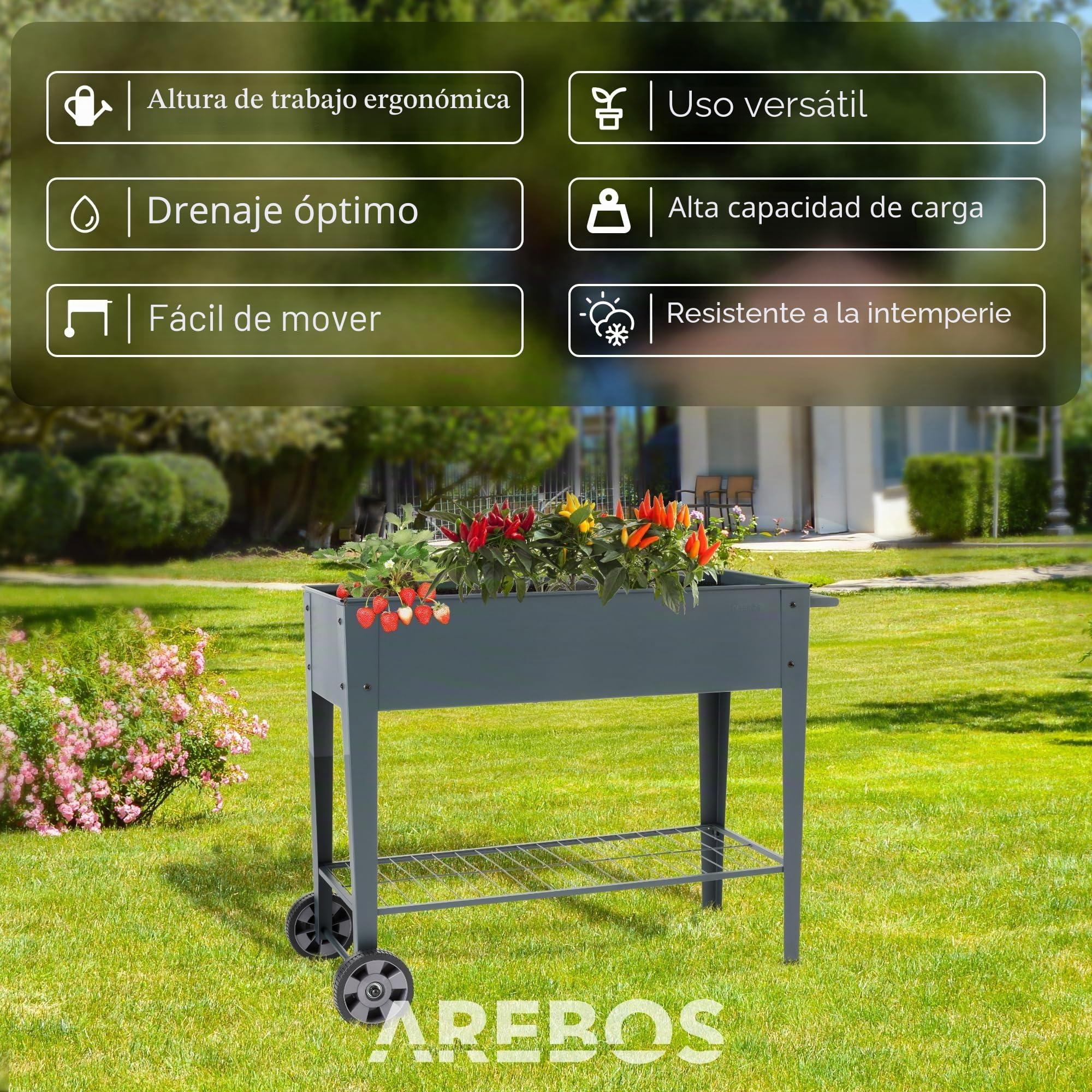Arebos Banco Elevado con Ruedas y Estante 108 x 51 x 80 cm | Ideal para Cultivo de Verduras, Frutas y Hierbas Aromáticas | Invernadero, Jardinera para Jardín, Terraza o Balcón