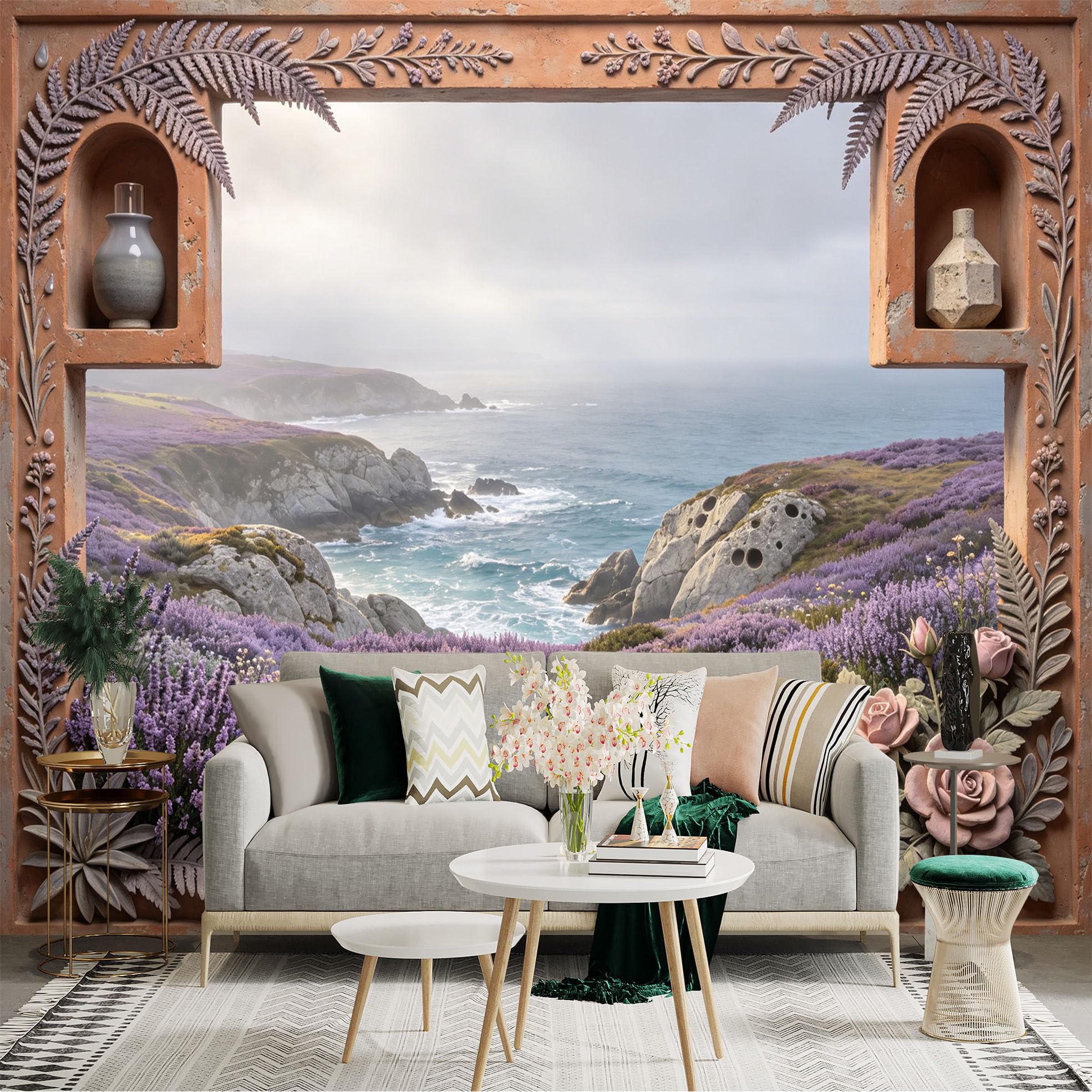 Lnzczhyre Bh260719434 Custom Size Wall Sticker Mural， Coastal Ocean View， Purple Lavender Field， Decorative Window Frame With Roses， For Wall Decoration， Peelandstick Wall Decals.