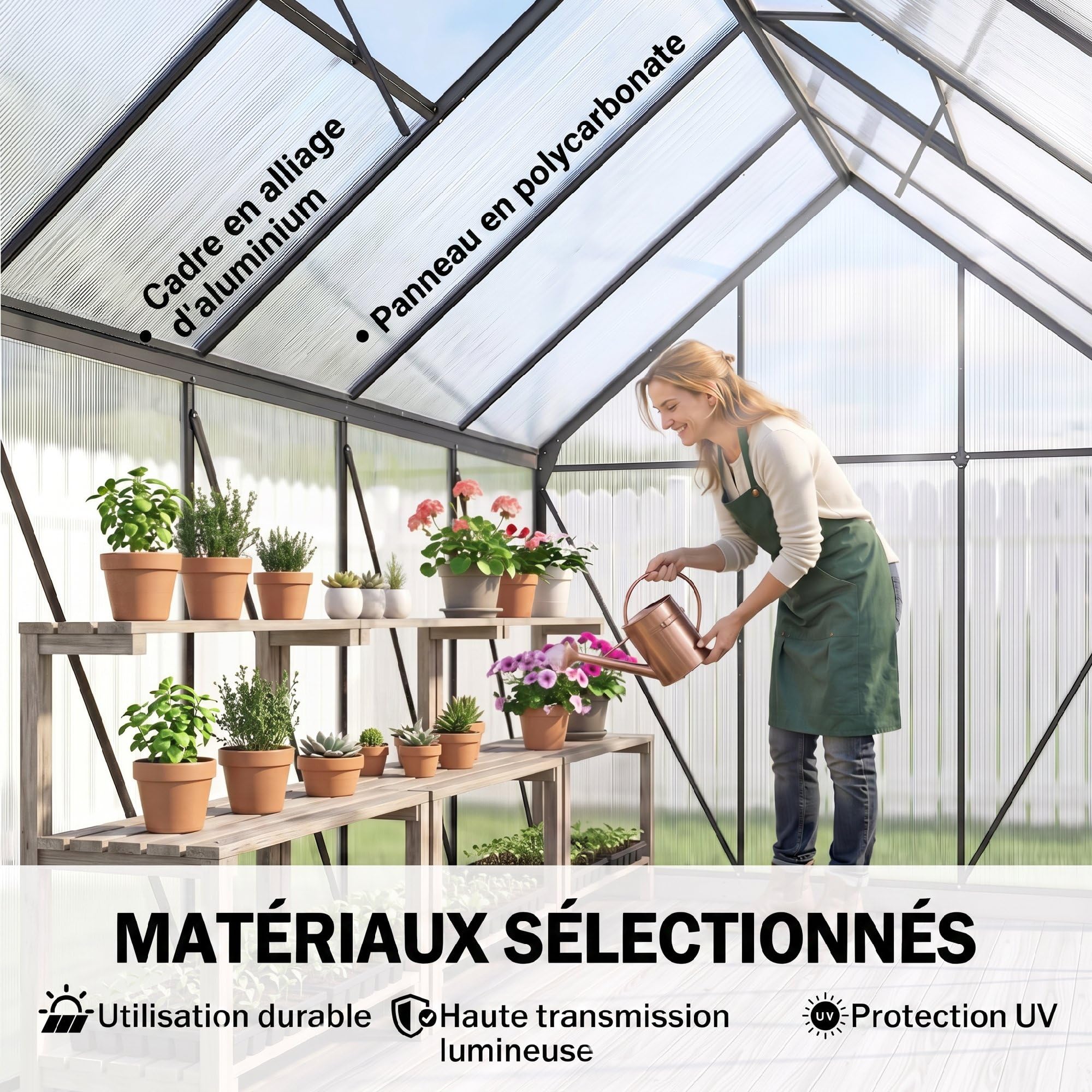 Outsunny Serre de Jardin 7 m² avec Fondation 190 x 375 x 199 cm Gris Foncé | en Aluminium Polycarbonate, Fenêtre Réglable, Porte Coulissante, Abri Extérieur Résistant aux Intempéries