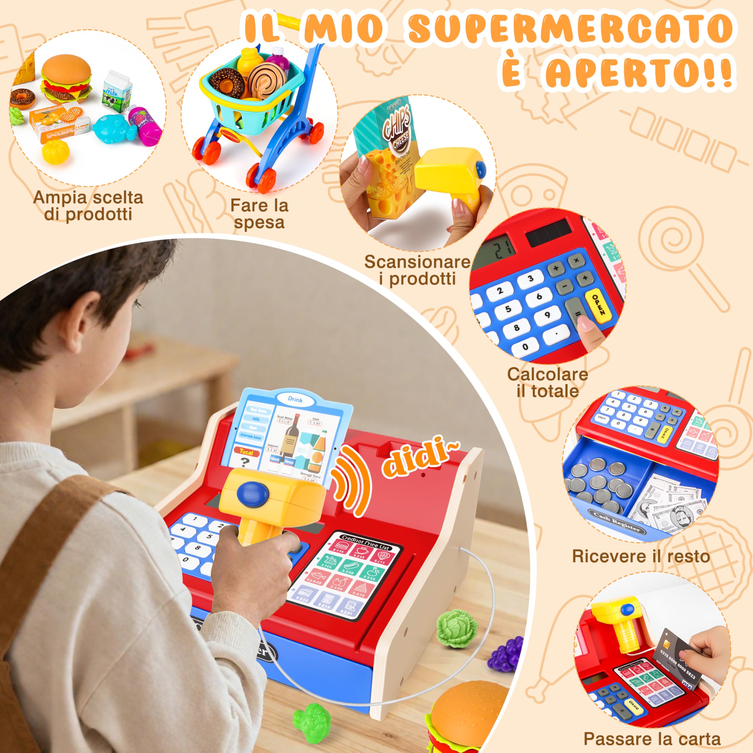MOMOSTAR Cassa Giocattolo per Bambini, Registratore di Cassa Giocattolo con Scanner Calcolatrice, Supermercato Giocattolo con 66 Accessori, Cassa Giochi d'Imitazione Regalo per Bambini 3 4 5 6 Anni