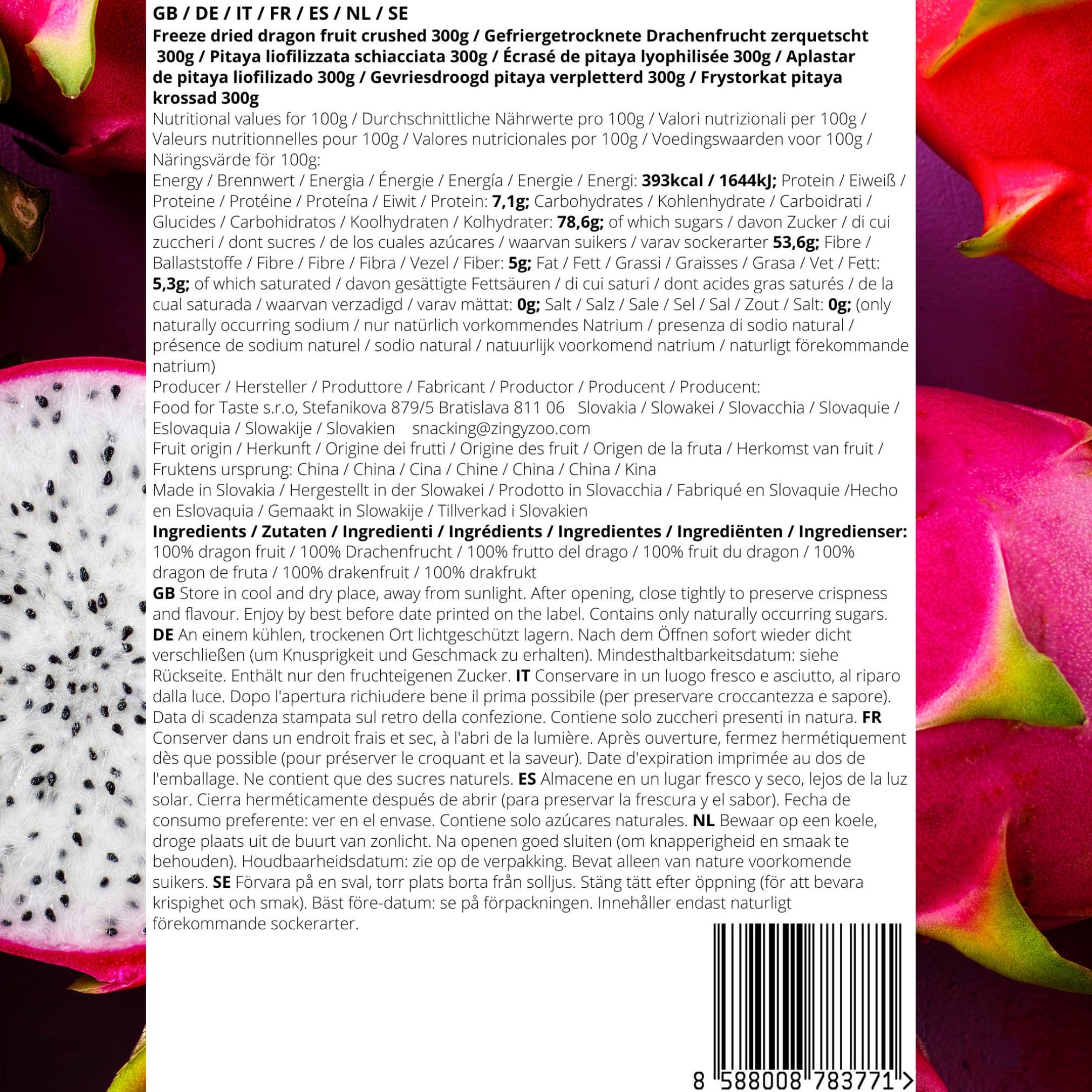 ZingyZoo Frutto del Drago Essiccato Senza Zucchero|XL 300g Polvere di frutta tritata con alcuni pezzi|Freeze Dried Dragon Fruit Crushed|Gefriergetrocknete Drachenfrucht Liofilizzato