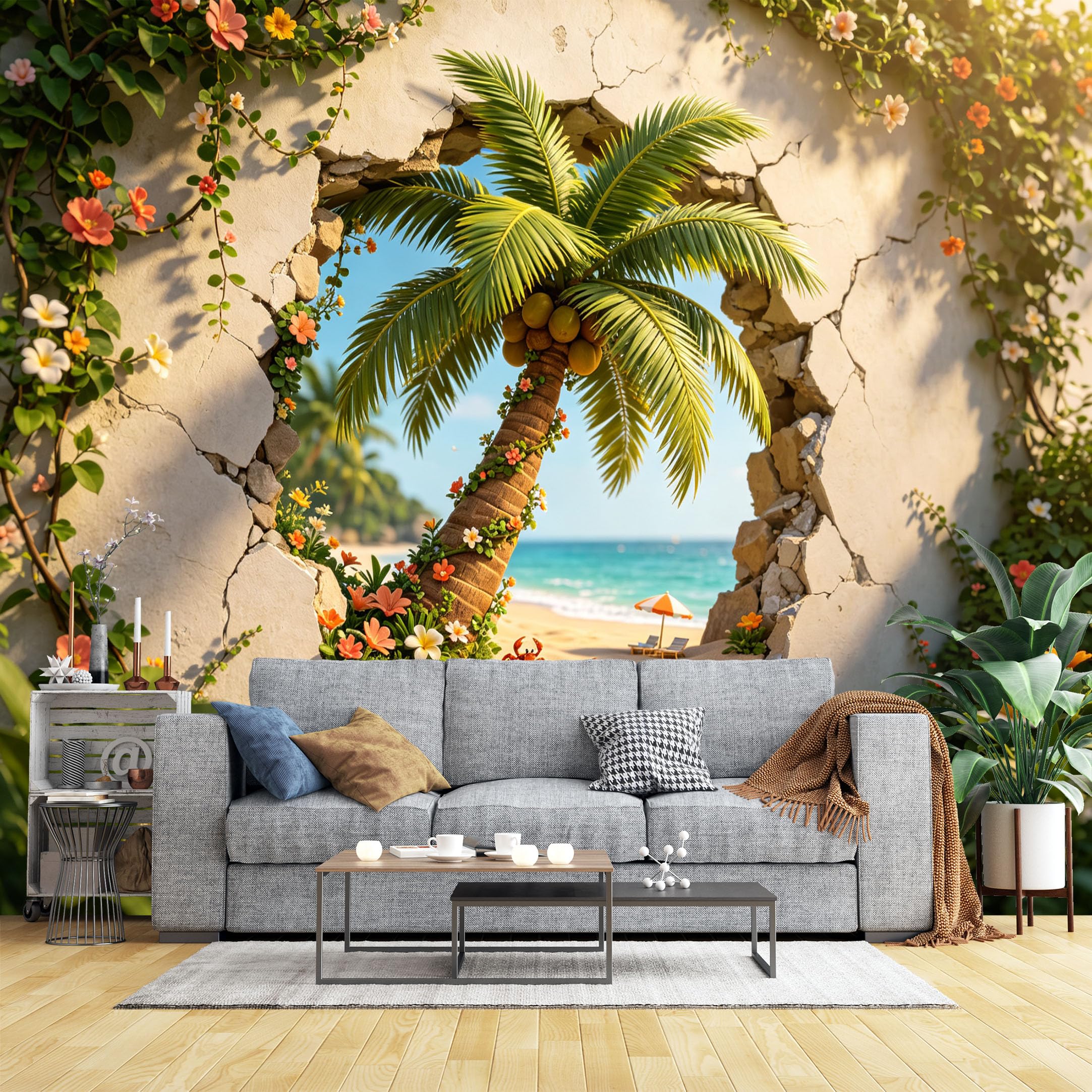 Custom Size Wall Murals Tropical Beach Through Cracked Floral Wall Wall Murals Whimsical Coastal Fantasy Wallpaper, Home Decor Self-Adhesive Removable Wallpaper for Living Room