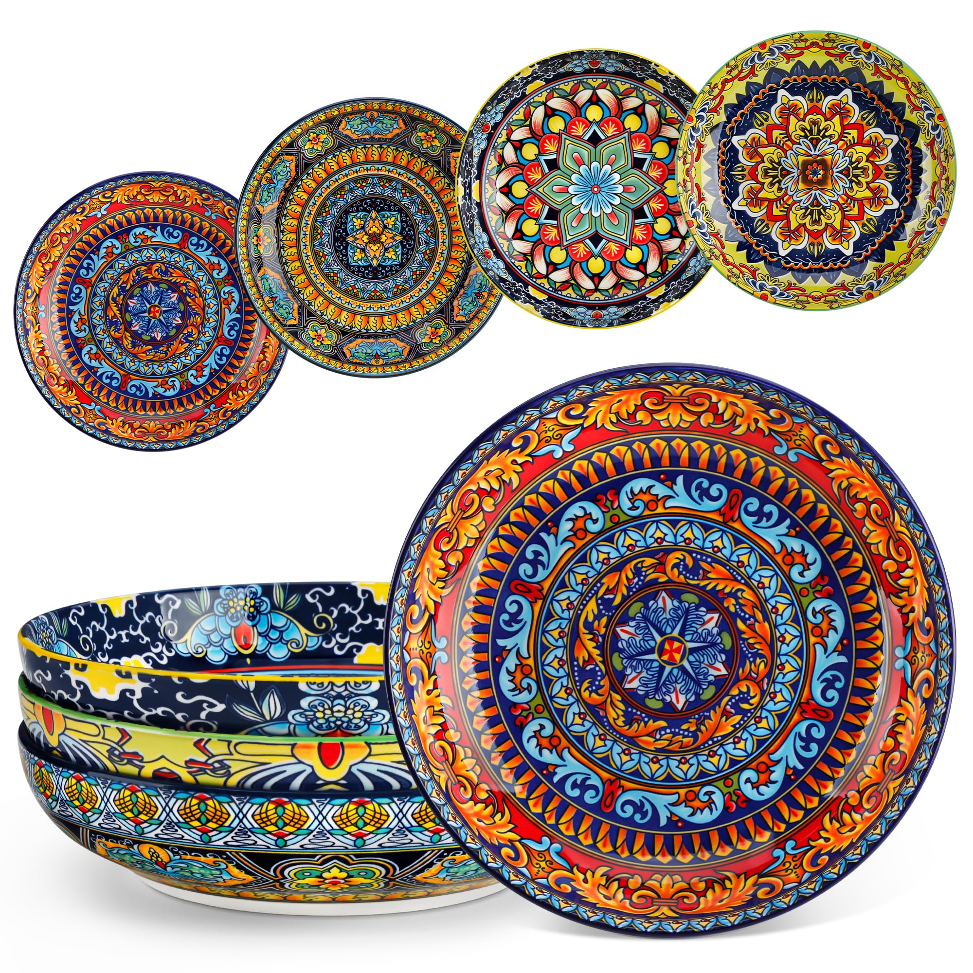 vancasso KRVI Suppenteller 4er Set, 1260ml Pastateller aus Porzellan, Tiefe Teller Ø 22,3 cm, Mehrzweckschalen Große Salatschüsseln für Suppe, Nudel, Spaghetti, Pasta, Salat, Boho Stil