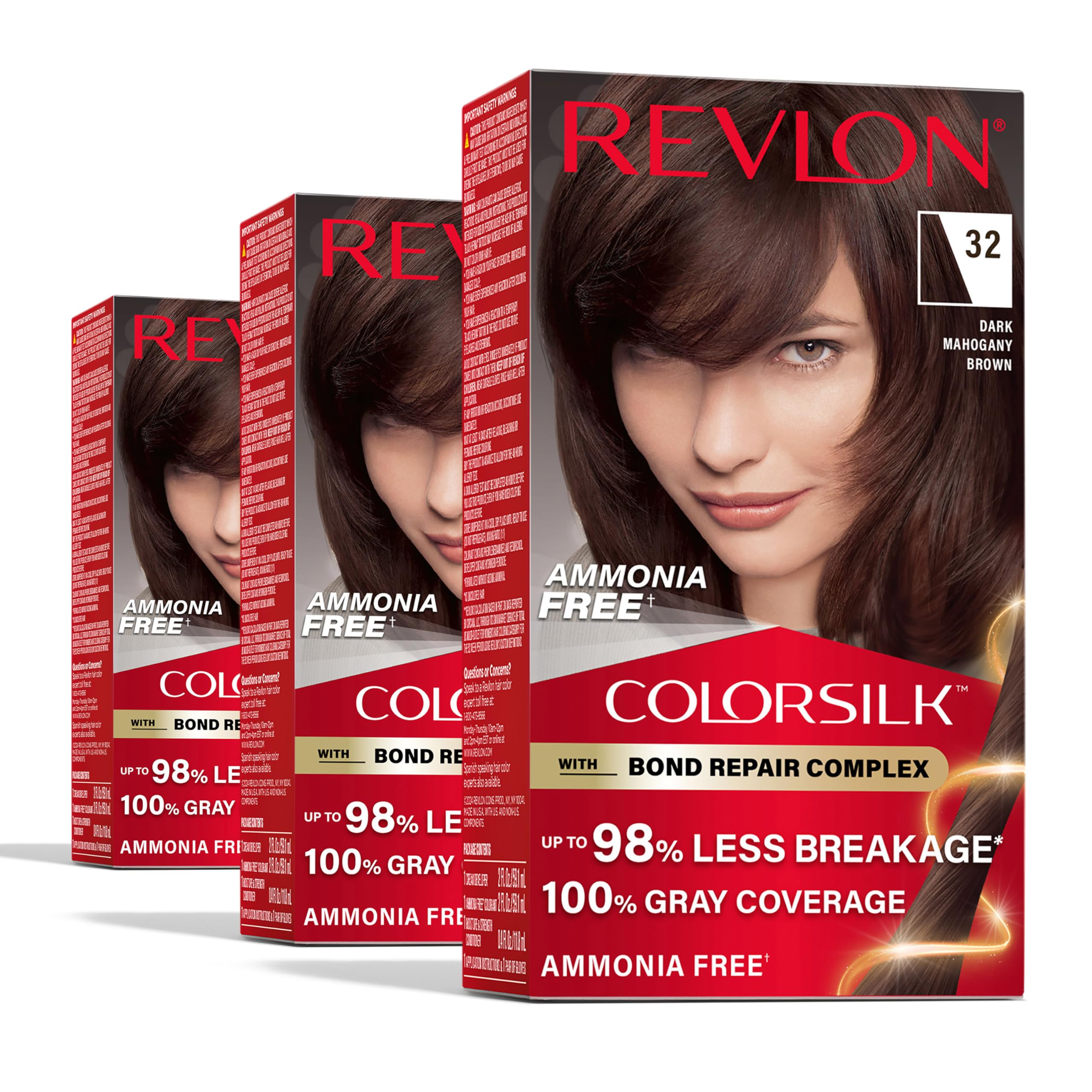 ColorSilk with Bond Repair Complex, Brown Permanent Hair Color, 100% Gray Coverage, Ammonia Free Hair Dye, Vegan Keratin, 32 Dark Mahogany Brown (Pack of 3)