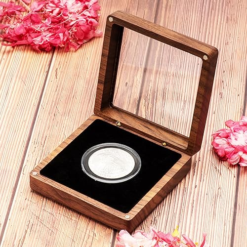Miniatura 4 de Caja de presentación de monedas de madera de nogal individual con tapa transparente y cápsulas de monedas de plástico con junta ajustable
