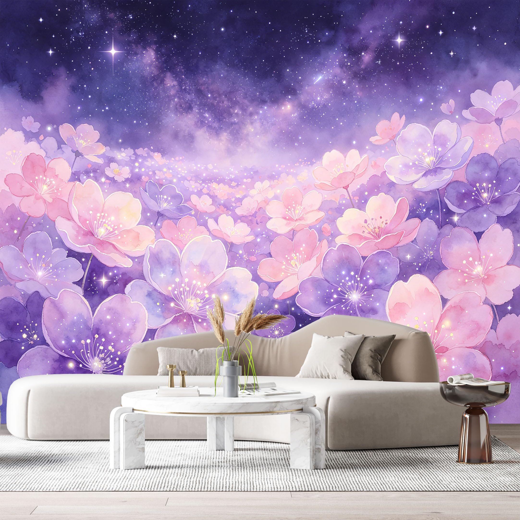 Custom Size Wall Murals Purple Floral Botanical Watercolor Night Sky Stars SelfAdhesiveWall Fabric Removable Wallpaper Wall Decor for Living Room Bedroom Bathroom