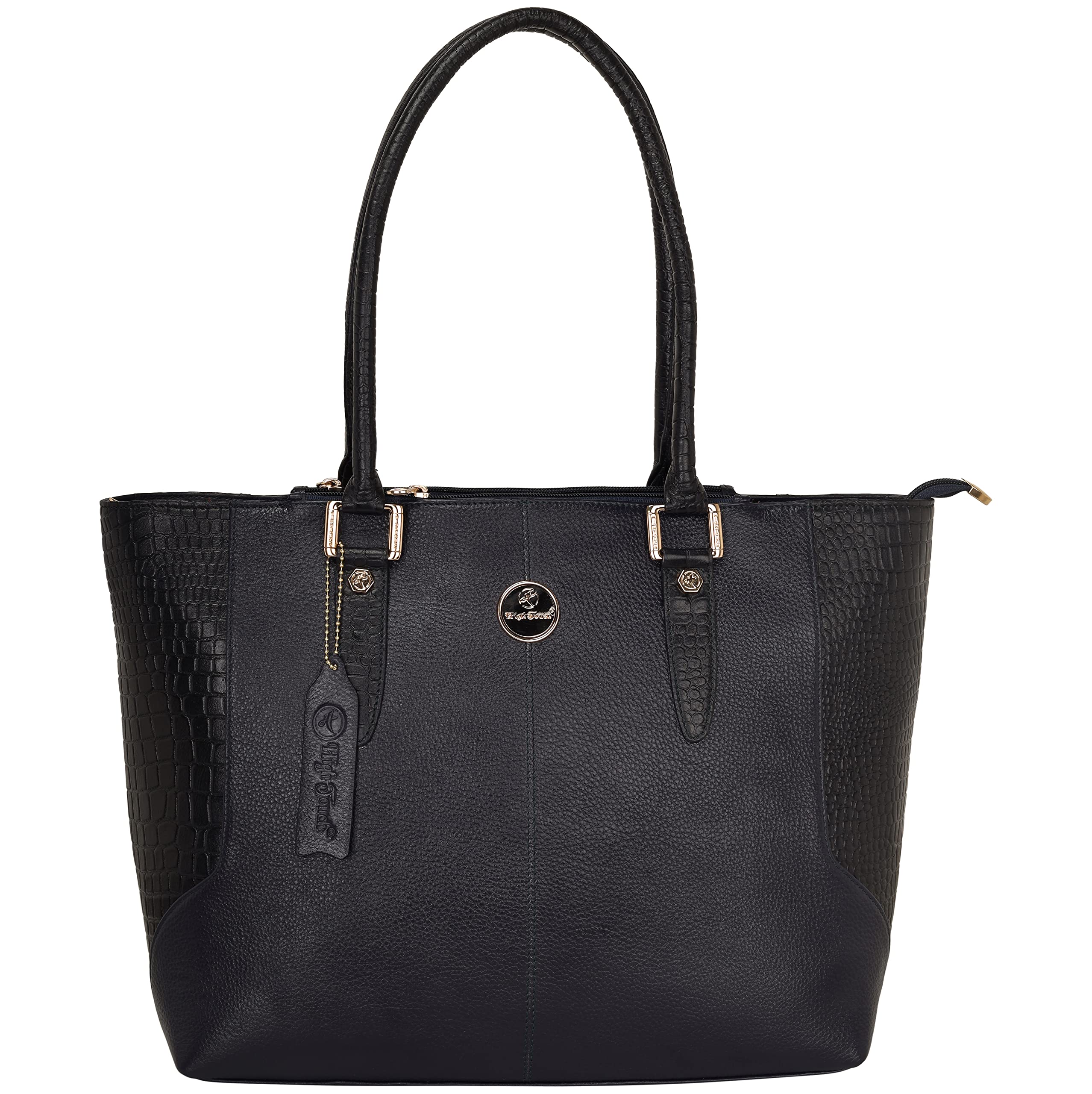 HIGH TOUCH Leather Side Croco Texture Women's Handbag/Shoulder Bag (Black)