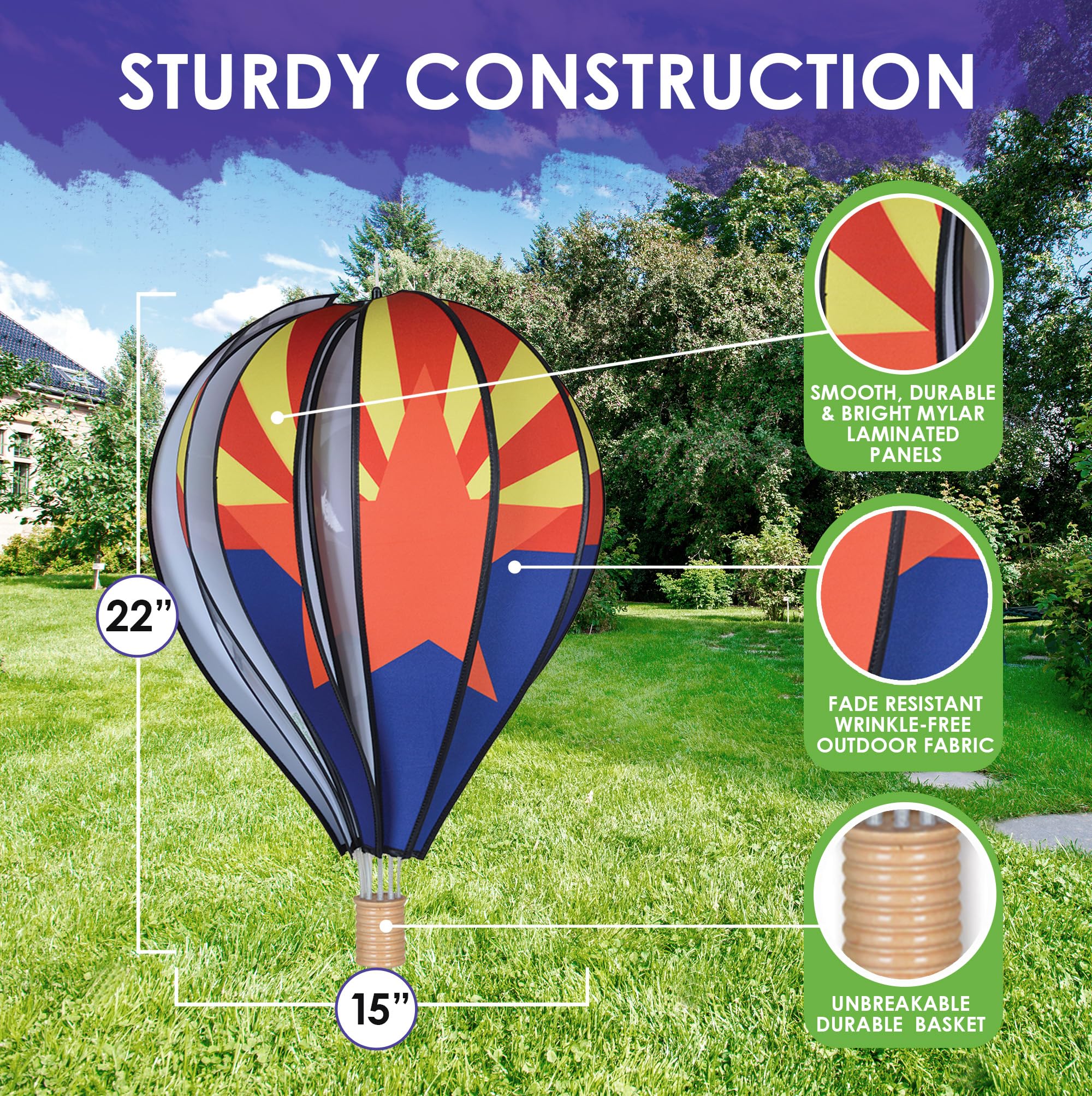 Heißluftballon-Gartenspinner zum Aufhängen, 55,9 cm, lebendiges Arizona-Design, wetterbeständige Outdoor-Dekoration, langlebig und leicht, für Terrassen, Höfe und Gärten, auffälliges Windspiel