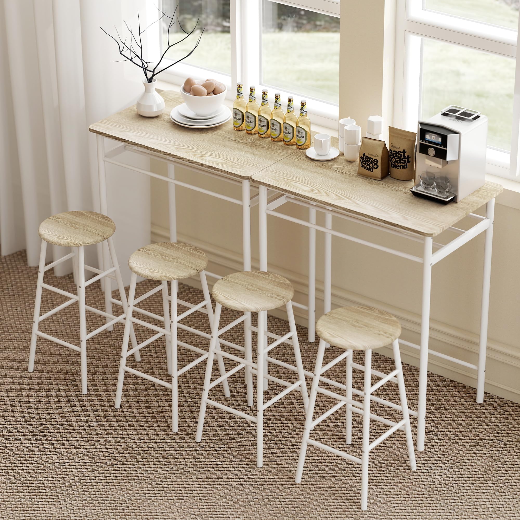 HOMCOM Juego de Mueble de Bar Set de Mesa Alta y 2 Taburetes con Estante de Almacenamiento y Marco de Metal para Cocina Comedor 80x50x90 cm Blanco