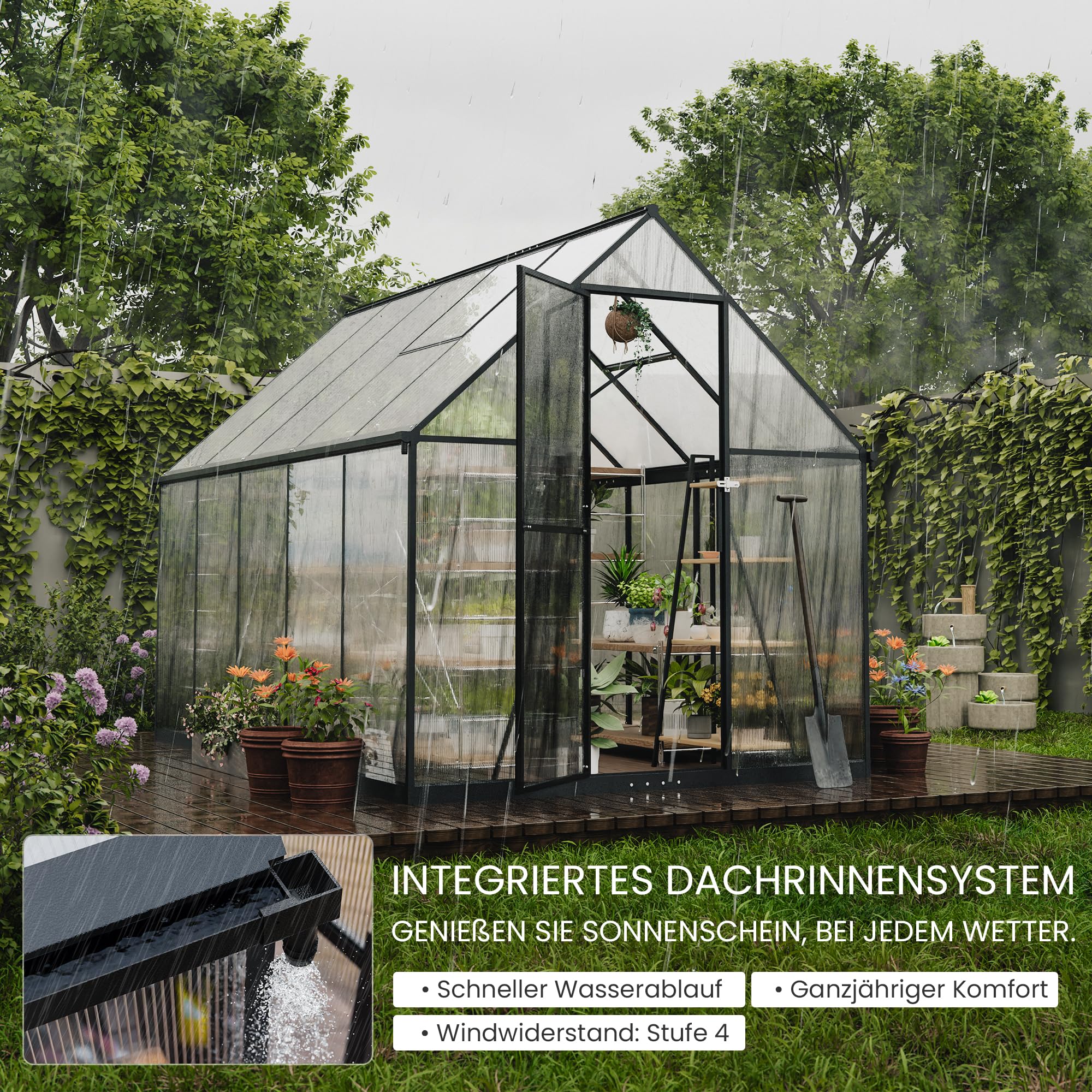 ALAULM Polycarbonat-Gewächshaus 175x281x195cm, mit abschließbarer Tür, Satteldach, Lüftungsfenster & Regenrinnen, Wetterfest für Terrasse & Garten (Schwarz)