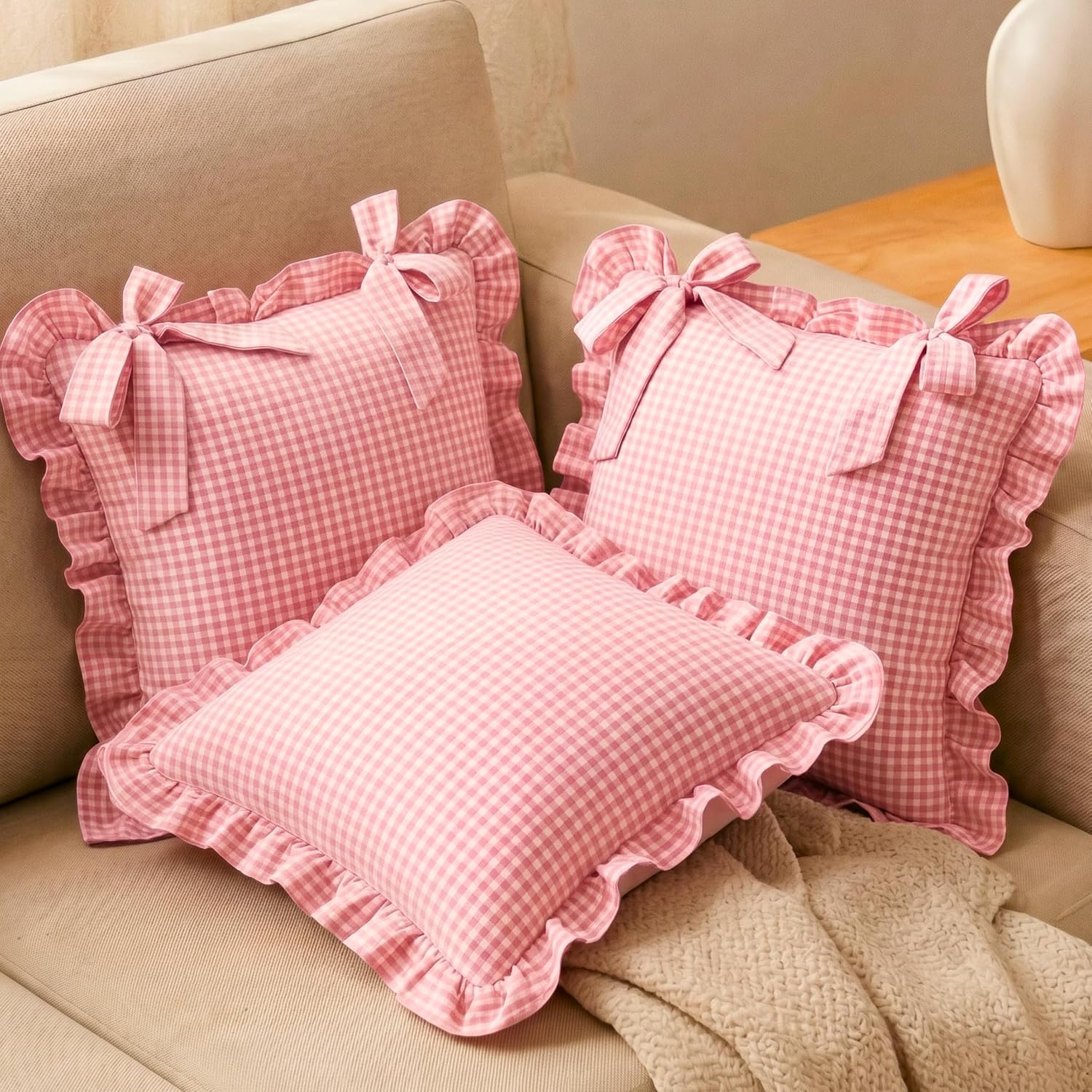 Pink Gingham Cushion Covers 16x16, Pack of 2, Ruffle & Bow, Cottagecore image 3