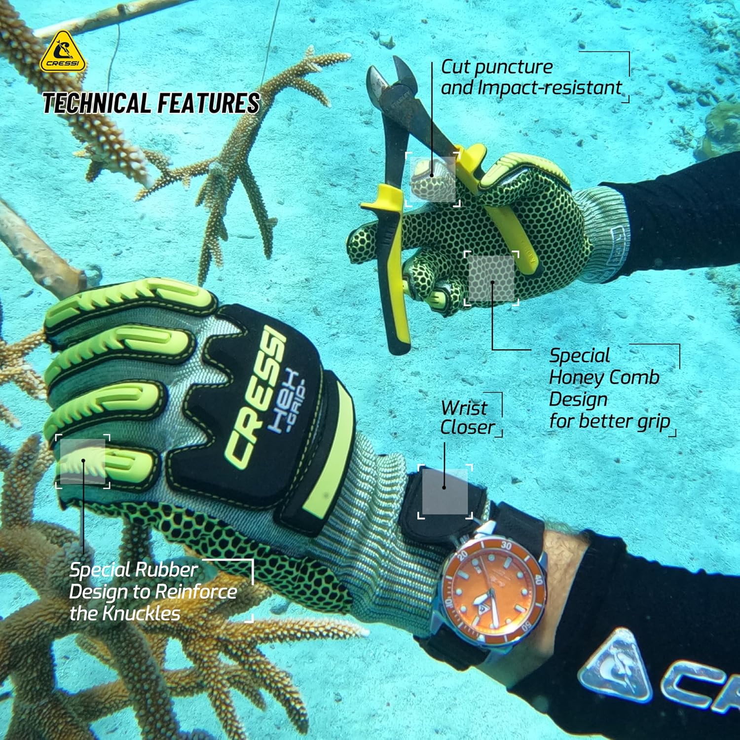 Puncture Resistant Diving Gloves - Bumps Protection - Palm Protection Against Stings and Cuts - Ideal for Spearfishing, Lobstering - Cressi HEX: Designed in Italy