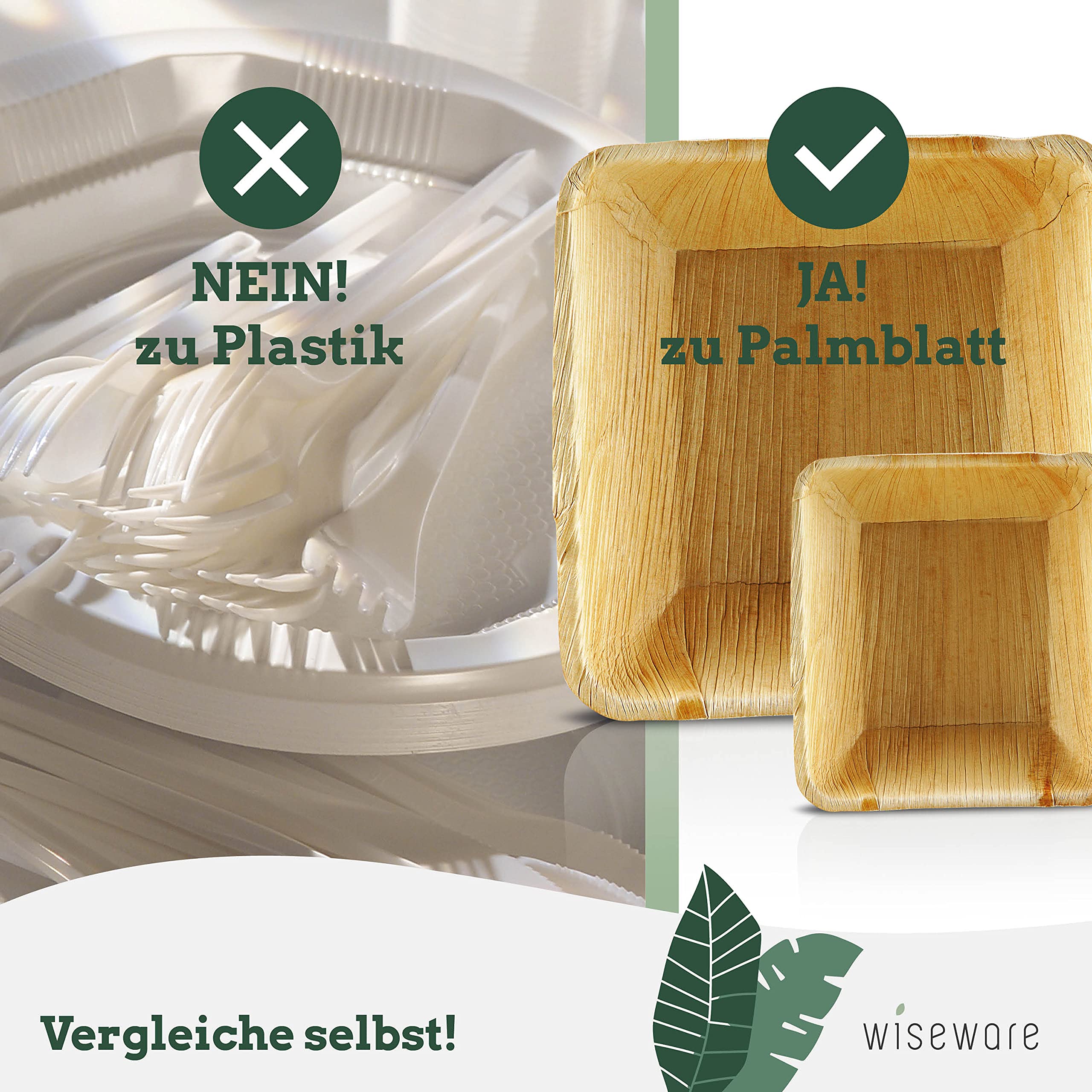 Wiseware Lot De 200 Assiettes Creuses Jetables Carrées Profondes En Feuille De Palmier 10 X 10 Cm – Vaisselle Biodégradable En Feuille De Palmier – Vaisselle De Fête Compostable – Vaisselle Jetable
