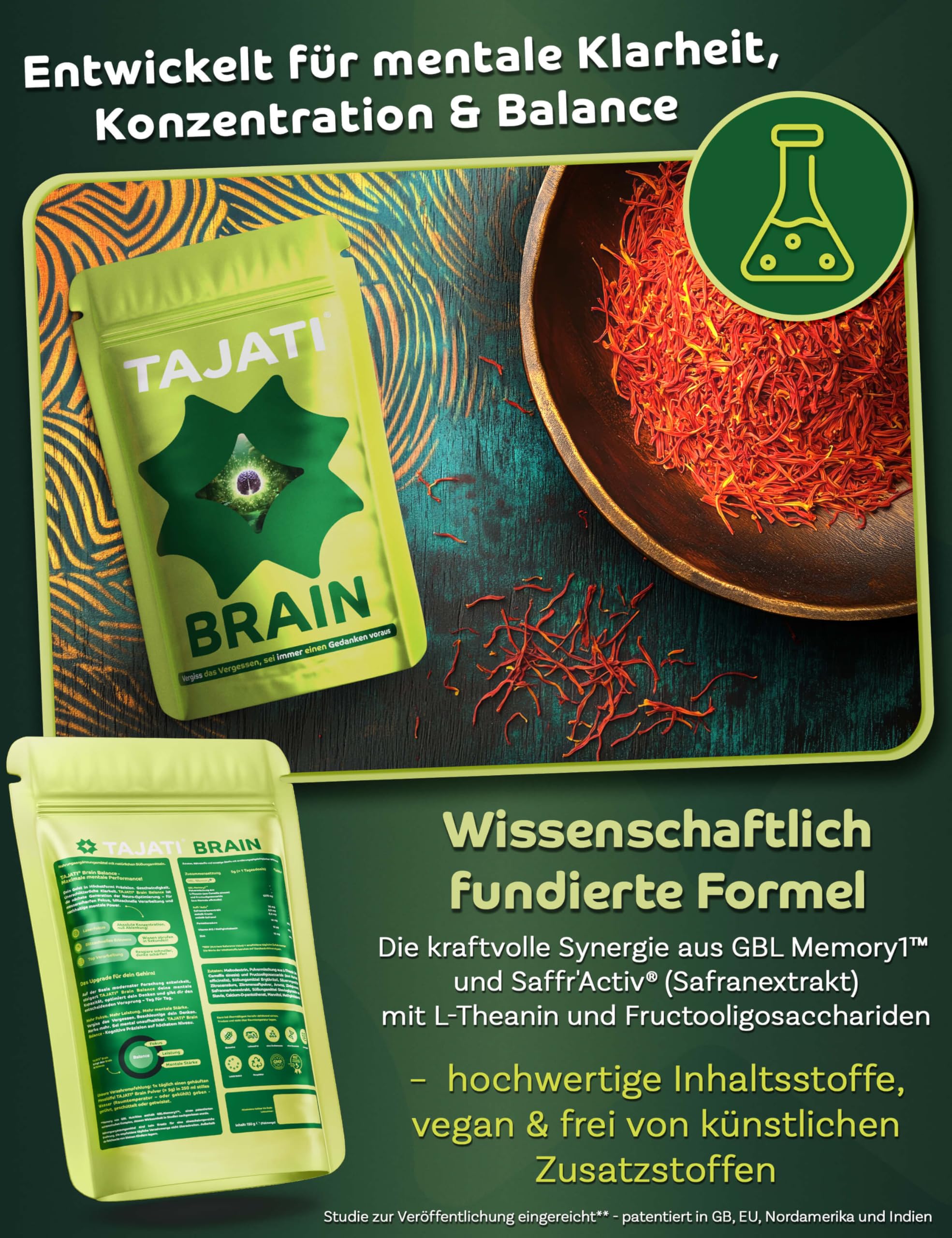 Brain Booster L-theanin Pulver vegan - Natürliches Nootropikum mit pflanzlichen Wirkstoffen und Vitaminen – Fokus, Konzentration und Gedächtnis verbessern – ohne chemische Stimulanzien