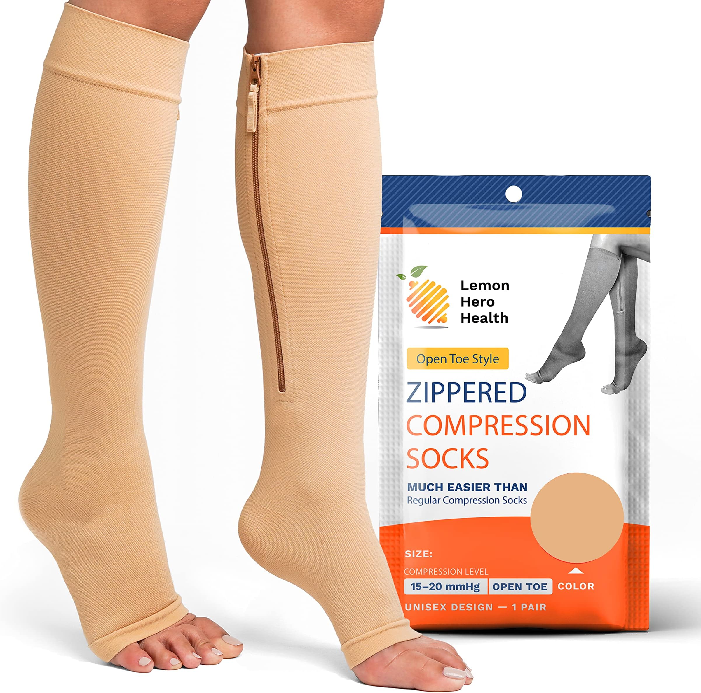 Zipper Compression Socks for Women and Men Open Toe 20-30mmhg Medical Zippered Compression Socks with Zip Guard for Skin Protection (5XL, Beige)