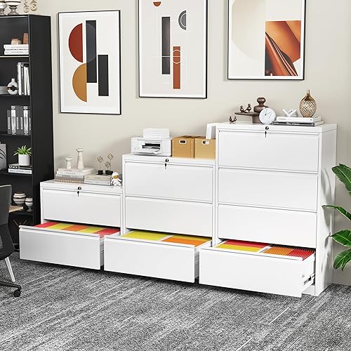 Miniatura 2 de INTERGREAT Archivador lateral de 4 cajones, archivador lateral blanco con cerradura, archivadores horizontales de acero metálico para oficina en