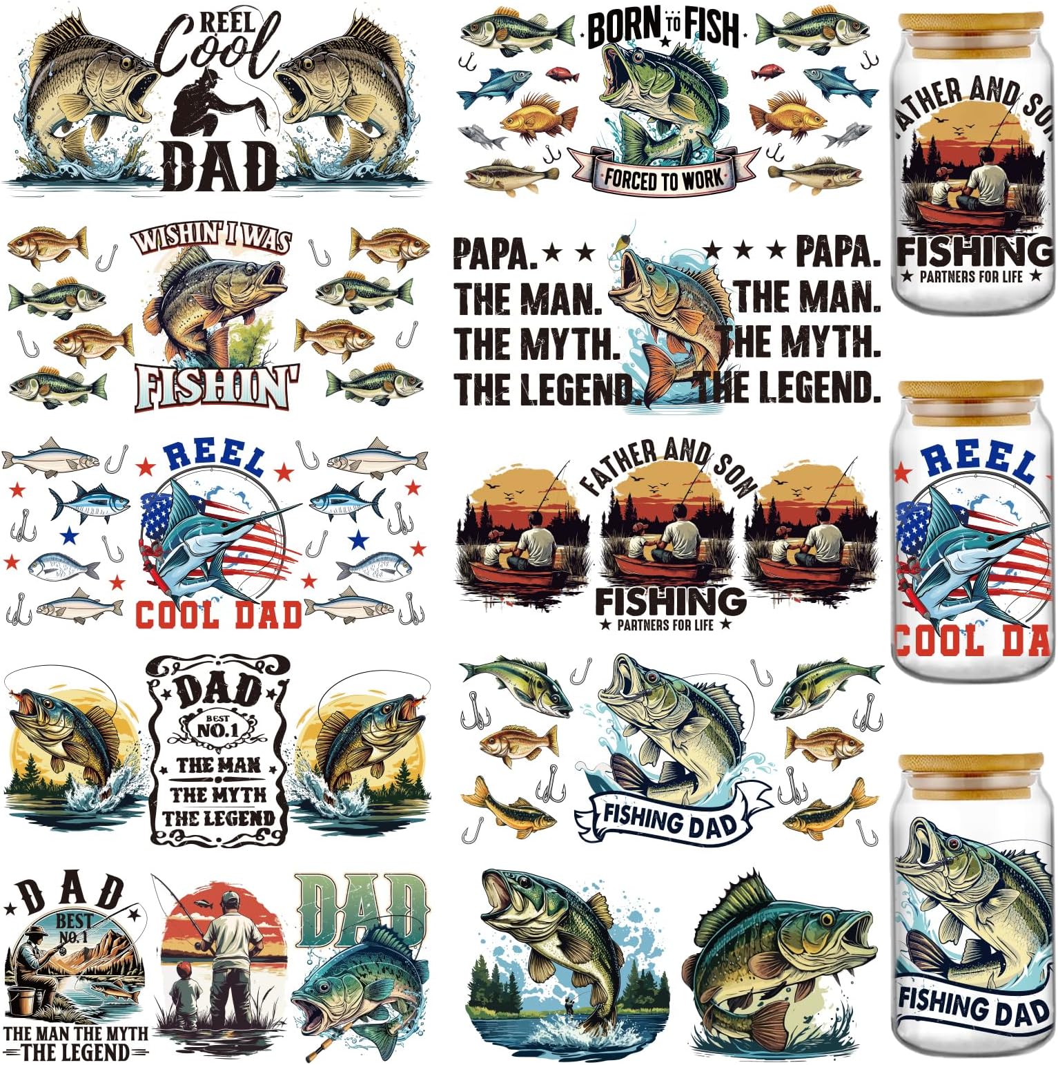 Funny UV DTF Decals - 10 Sheets Father and Son Fishing UV DTF Cup Wraps for 16 oz Glass Coffee Mug, Born to Fish Fun Waterproof Transfer Sticker DIY Water Bottle Craft Creative Decorative Gift for Son