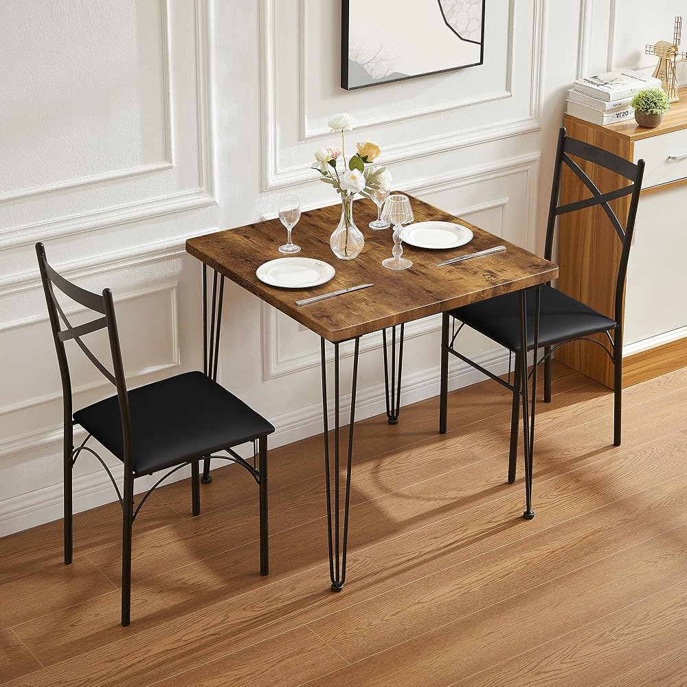 VECELO 3-Piece Dining Table Set for Home Kitchen Small Space Breakfast Nook, 2 Faux Leather Metal Frame Chairs,Brown,Set for 2