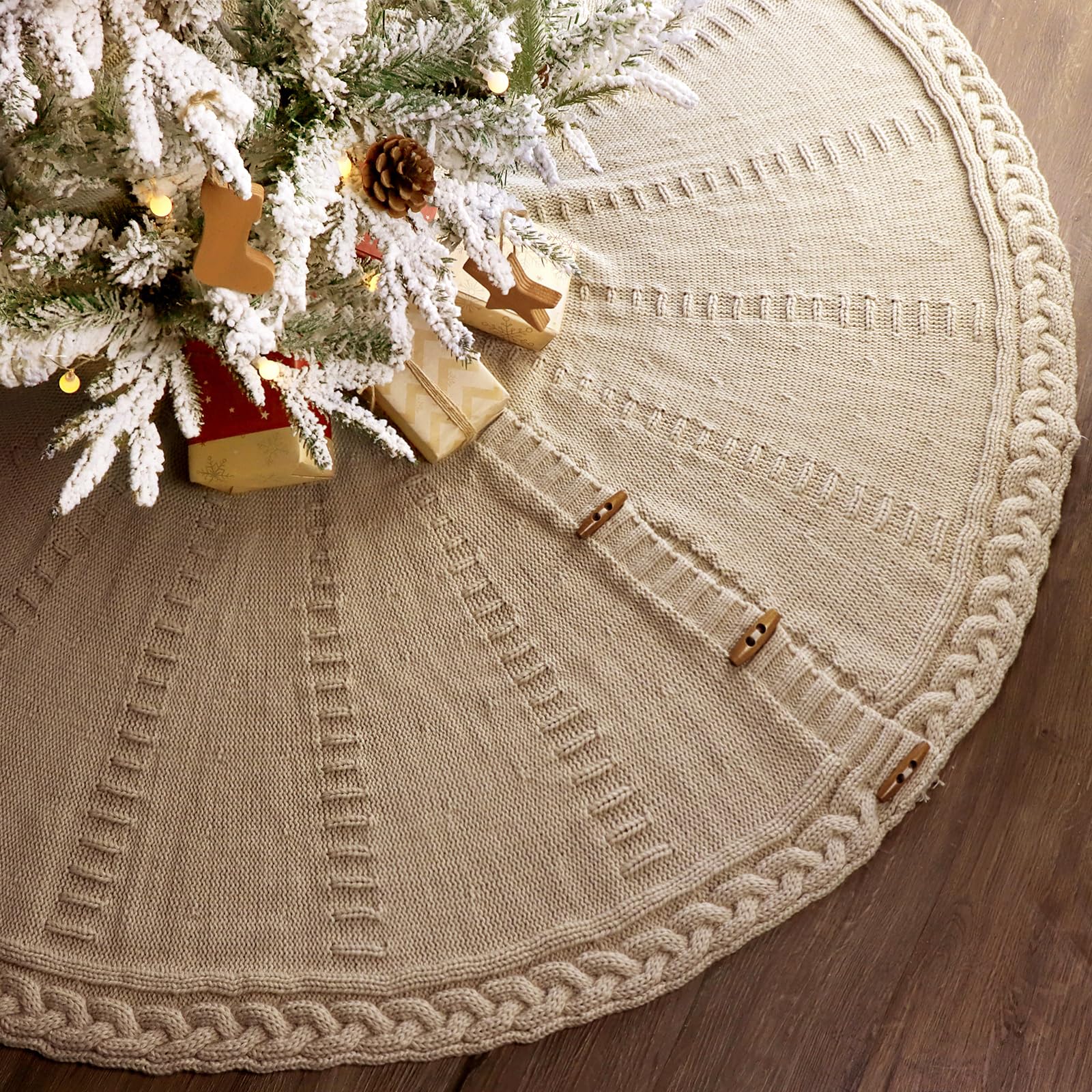 LimBridge Knitted Christmas Tree Skirt: 60 Inch Extra Large Beige Tree Skirt, Thick Chunky Cable Knit Christmas Décor, Rustic Winter Holiday Home Party Decorations